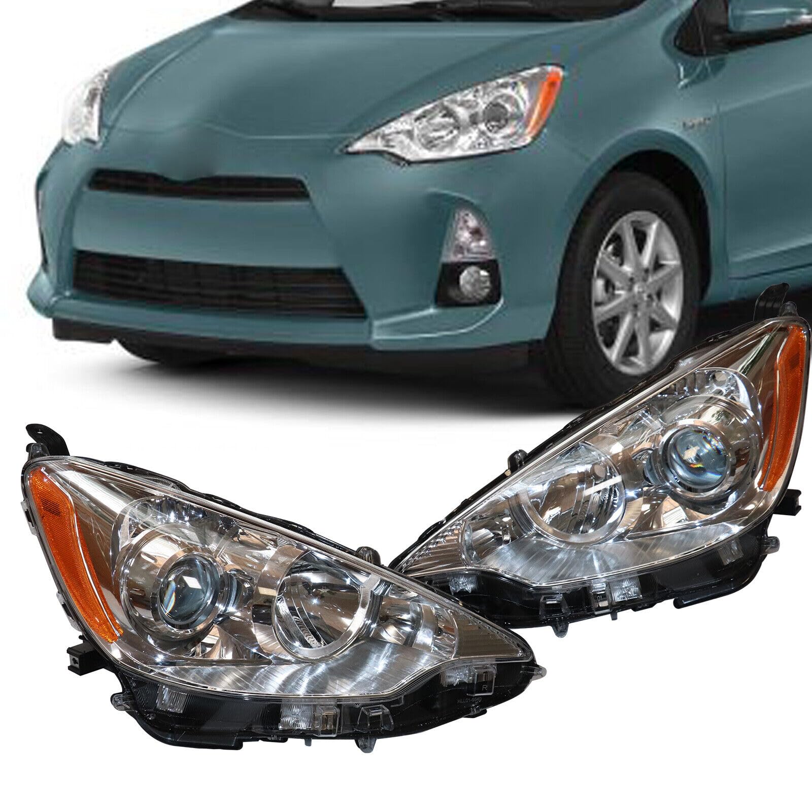 For 2012 2013 2014 Toyota Prius C Headlight Assembly Left Driver and Right Passenger Side Headlights Replacement Pair Black Housing Halogen Headlamp (Pair of headlights)