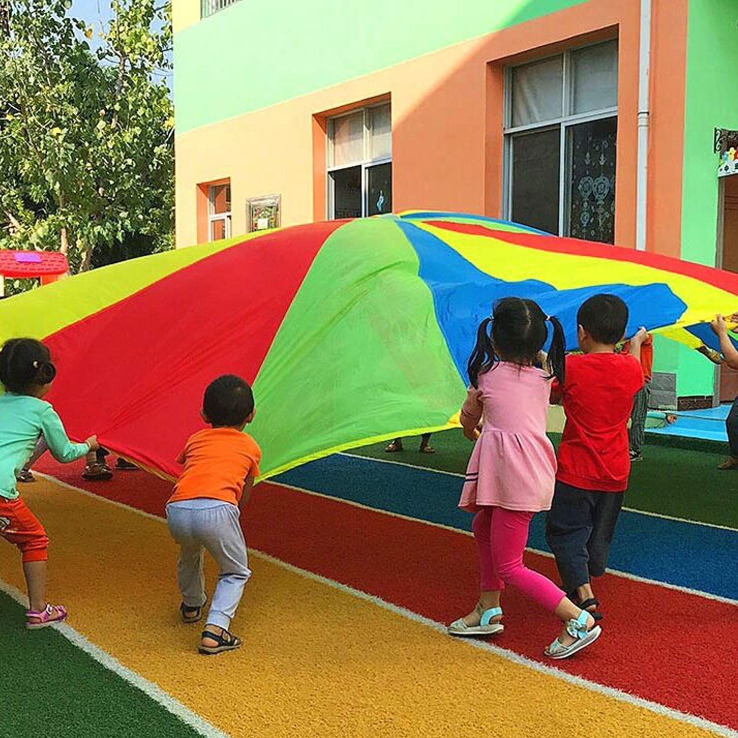 shengo 4m/13.12ft Schwungtuch für Kinder und Familie, Bunt Fallschirm Parachutes Spielzeug für Indoor Outdoor-Spiel und Unterhaltung - mit Tragetasche（16-22Kids