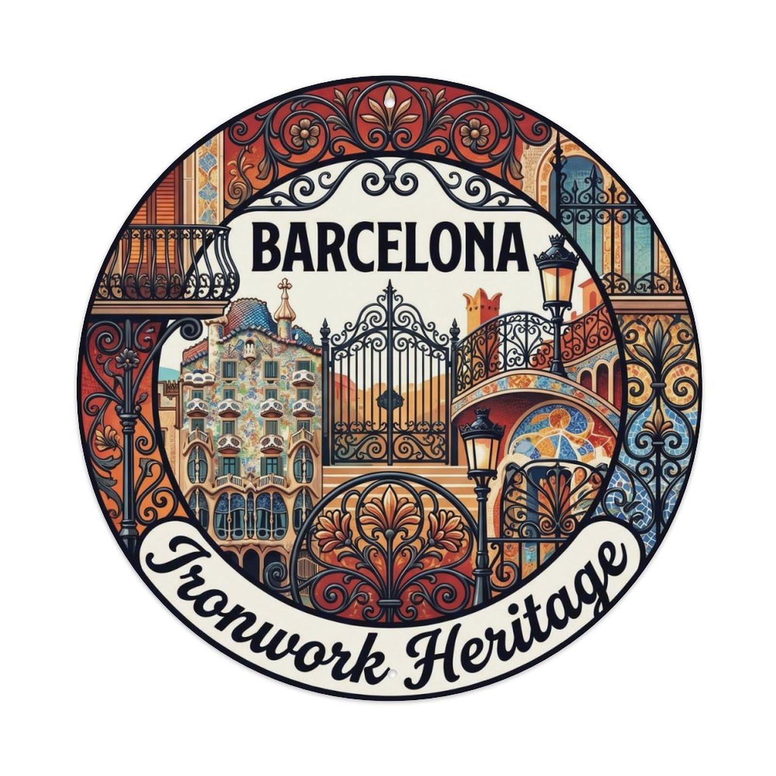 Vintage Travel Barcelona Ironwork Catalan Heritage Metal Tin Sign Plaque Wall Decor for Cafe, Club, Garden Round Metal Poster 8x8Inch