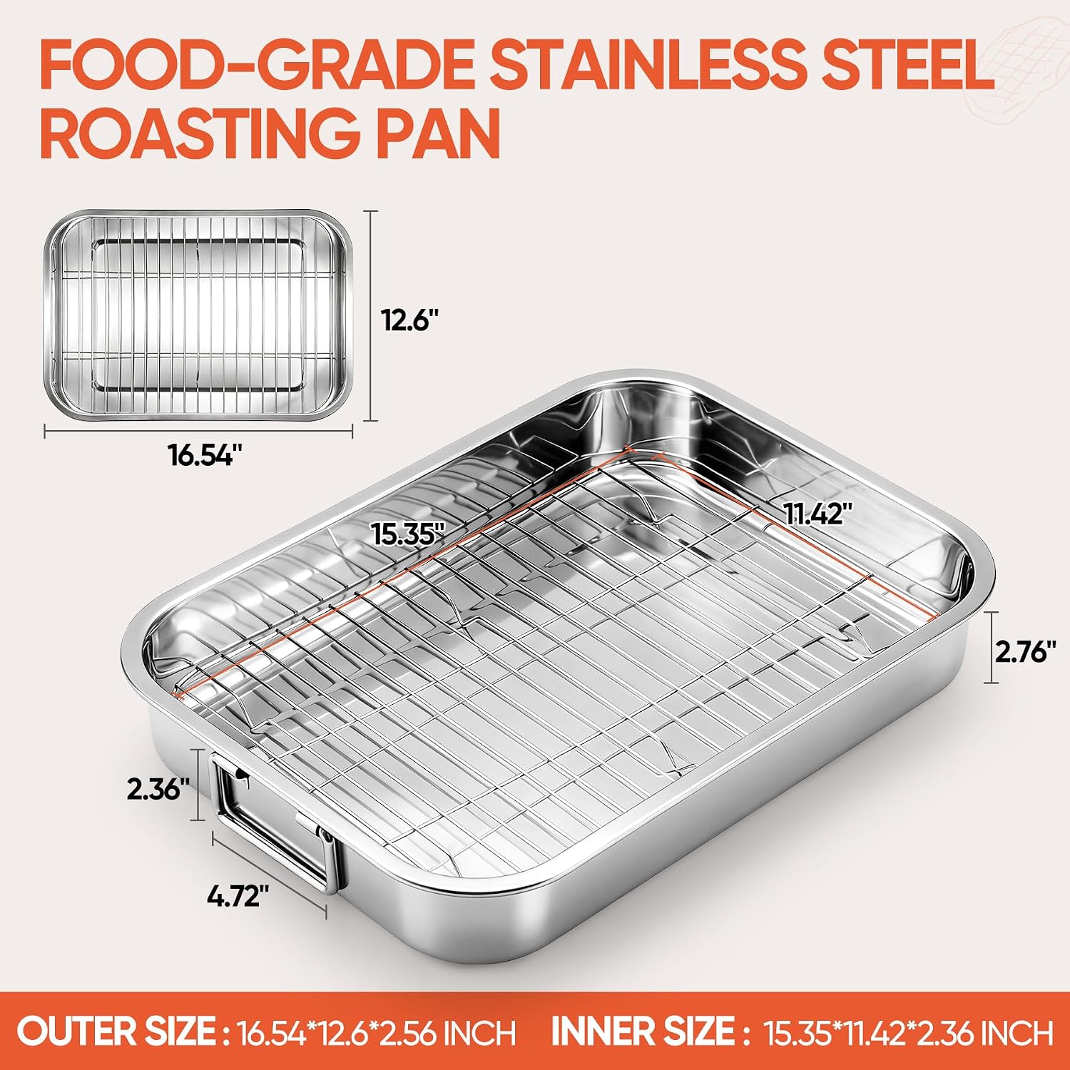 Roasting Pan with Rack,Nonstick Stainless Steel Turkey Roasting Baking Broiler Oven Pan Food Grade Roast Tray for Meat,Baking,Bread,Desserts,Snacks,Lasagna,etc (Large)