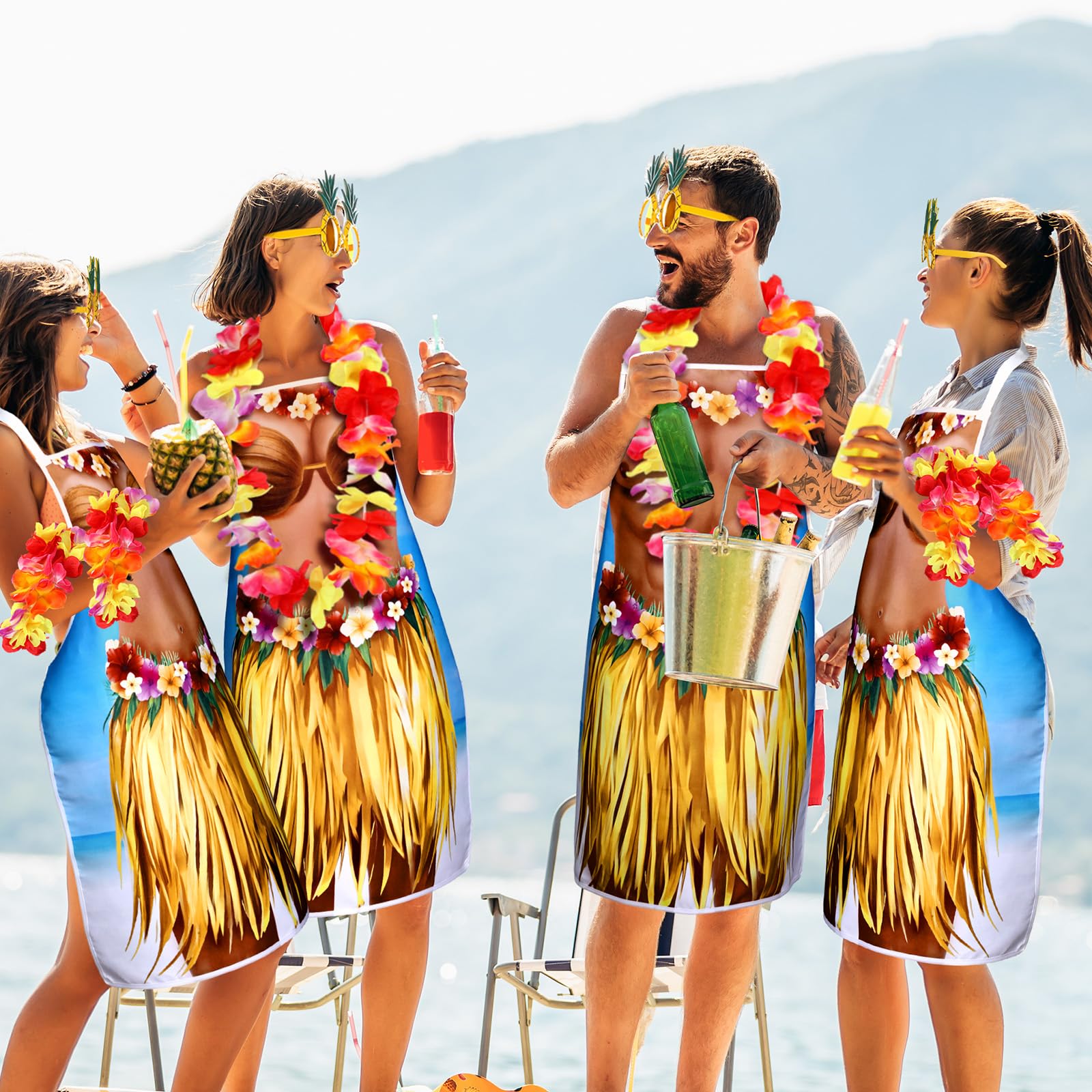 4 delantales hawaianos divertidos para bikini, bandana, diadema, gafas de sol, delantales para parejas, para fiestas de verano, hombres y mujeres