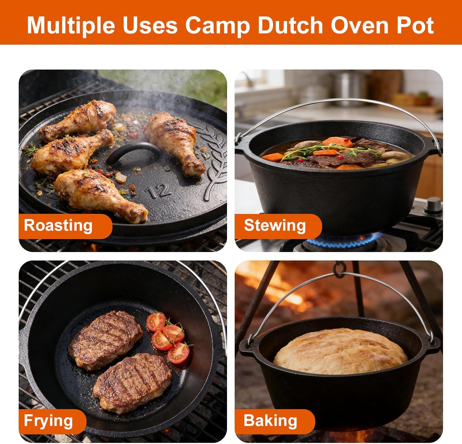 8QT Pre-Seasoned Cast Iron Camp Dutch Oven with Lid, Large Camping Dutch Oven Pot with Tripod Stand, incl. Lid Lifter - Dual Handles - for Outdoor Campfire, Grill, Oven & Stovetop Cooking-Black