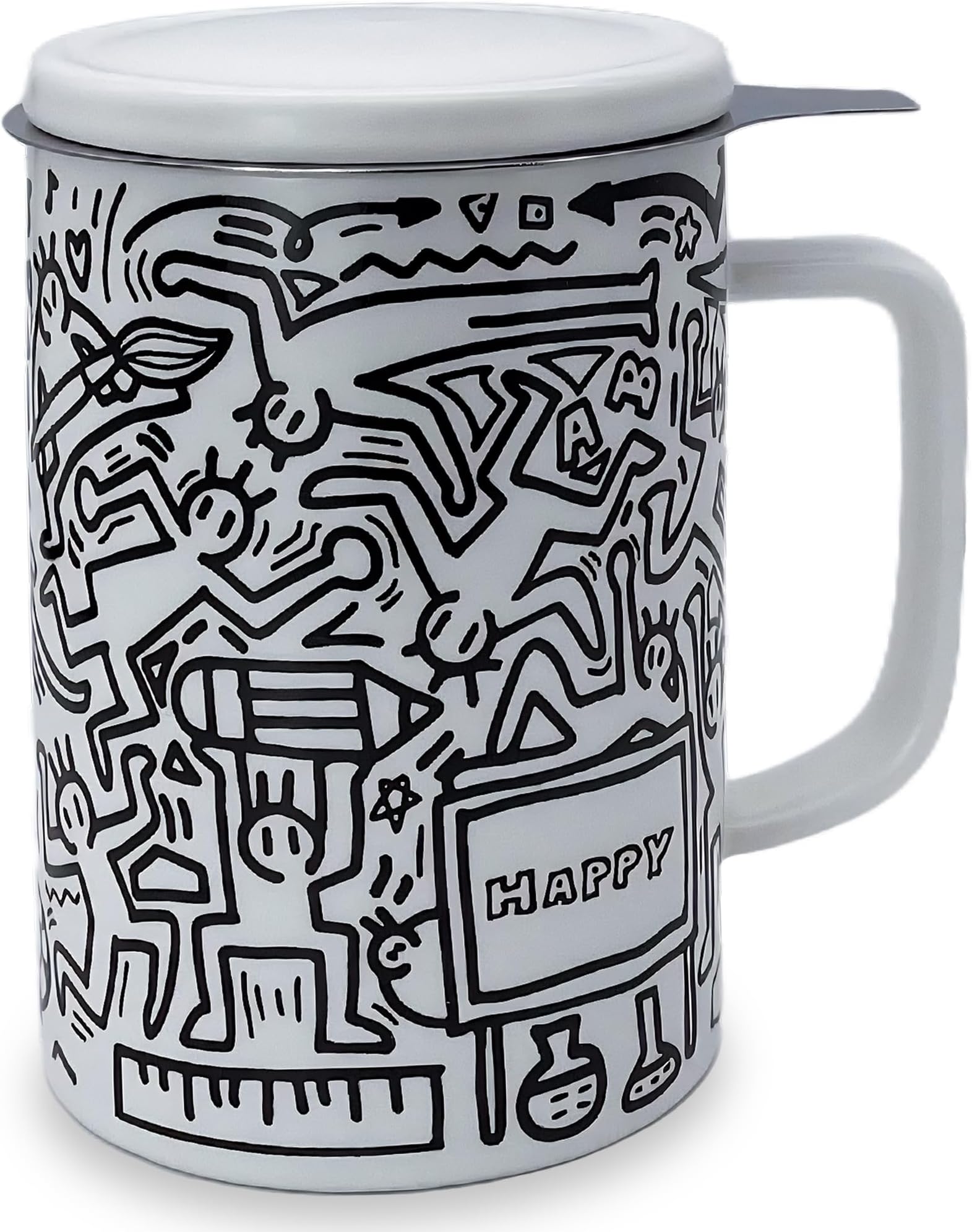 Doodle Style Tea Cup with Infuser and Lid, 14oz Tea Infuser Cup Loose Leaf Tea Mug with Strainer, Porcelain Tea Infuser Mug, Steeping Tea Cups for Microwave and Dishwasher Safe, Happy White