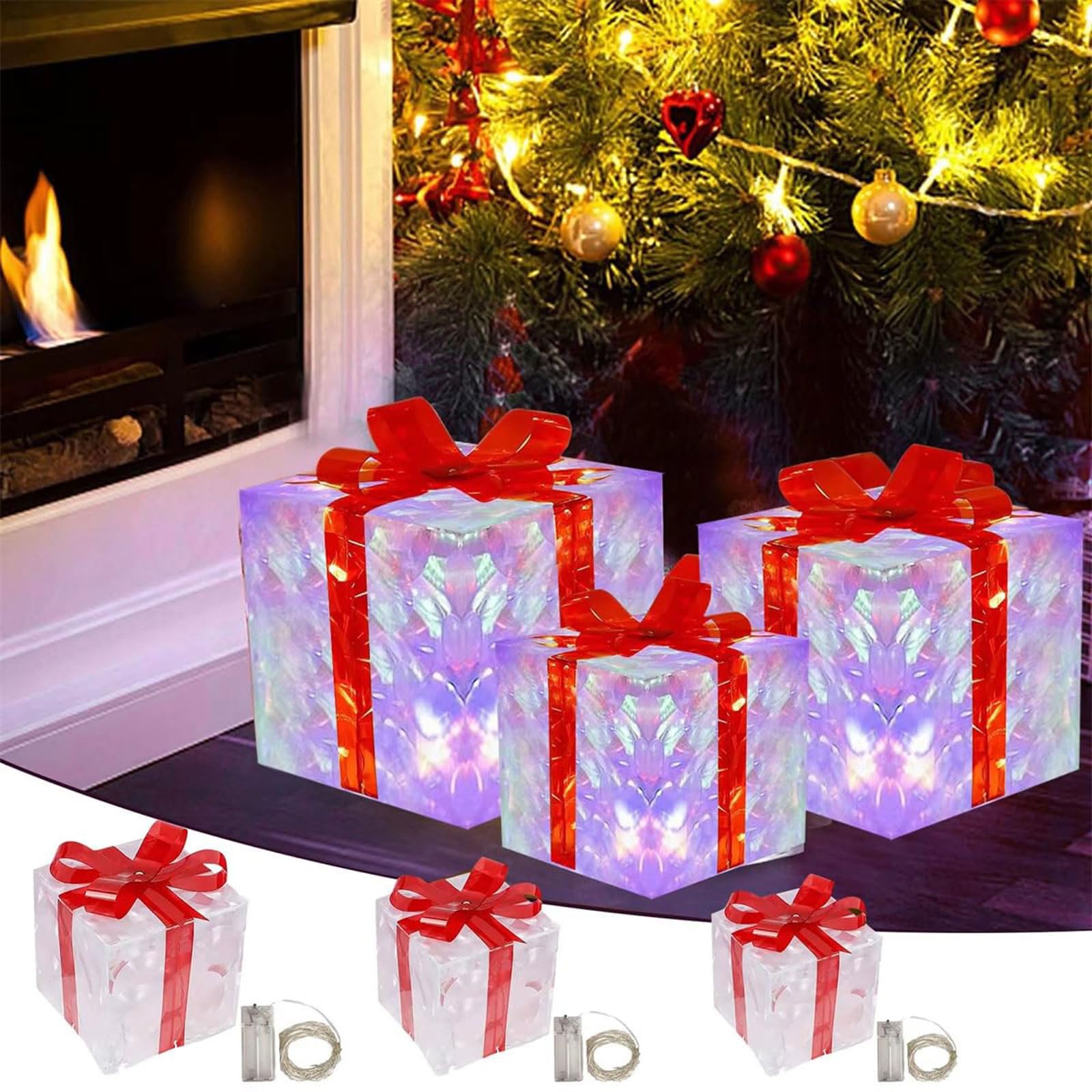 Weihnachtsdekoration, 3er-Pack LED-beleuchtete Geschenkboxen mit Schleife, mehrfarbig, verschiedene Größen(Green)