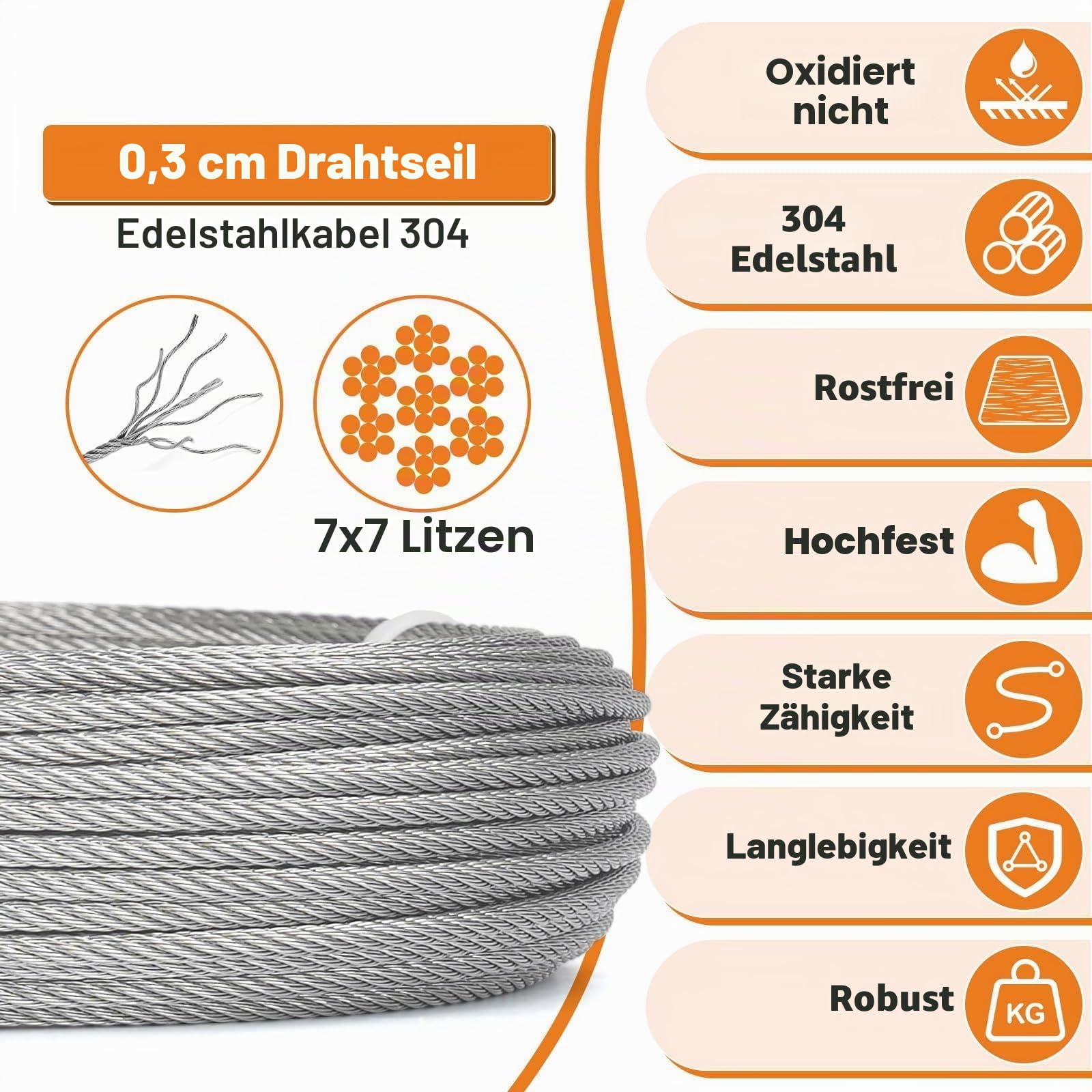 TooTaci 3mm Edelstahl Drahtseil, 30M Edelstahl Stahlseil Spanndraht mit Crimpwerkzeug, Cutter, Flugzeugkabel 7×7 Stränge, Stahldraht Seil Kabel für Geländer, Lichter hängen, Wäscheleine, Zaun