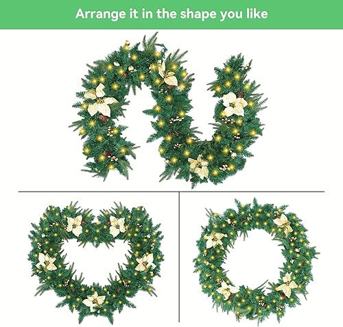 Miniatura 4 de Guirnalda de Navidad de 9 pies, 300 ramas, 60 luces LED, DALLIWOW preiluminadas, guirnaldas de Navidad con luces, bola de flores de pino dorado para