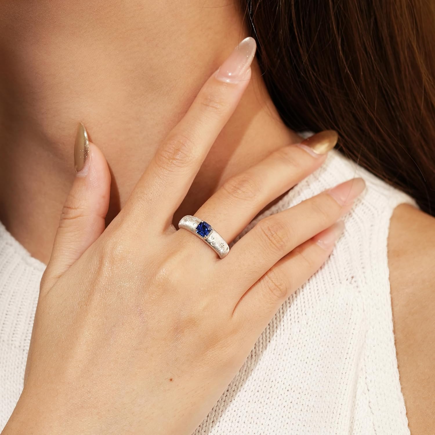 Sapphire, Emerald & Pink Sapphire Ring for Women – 5x5mm Lab-Grown Gemstones, 925 Sterling Silver with Rhodium Plating, Satin Finish, Moissanite Accents, Engagement Promise Anniversary Birthday Gift for Her