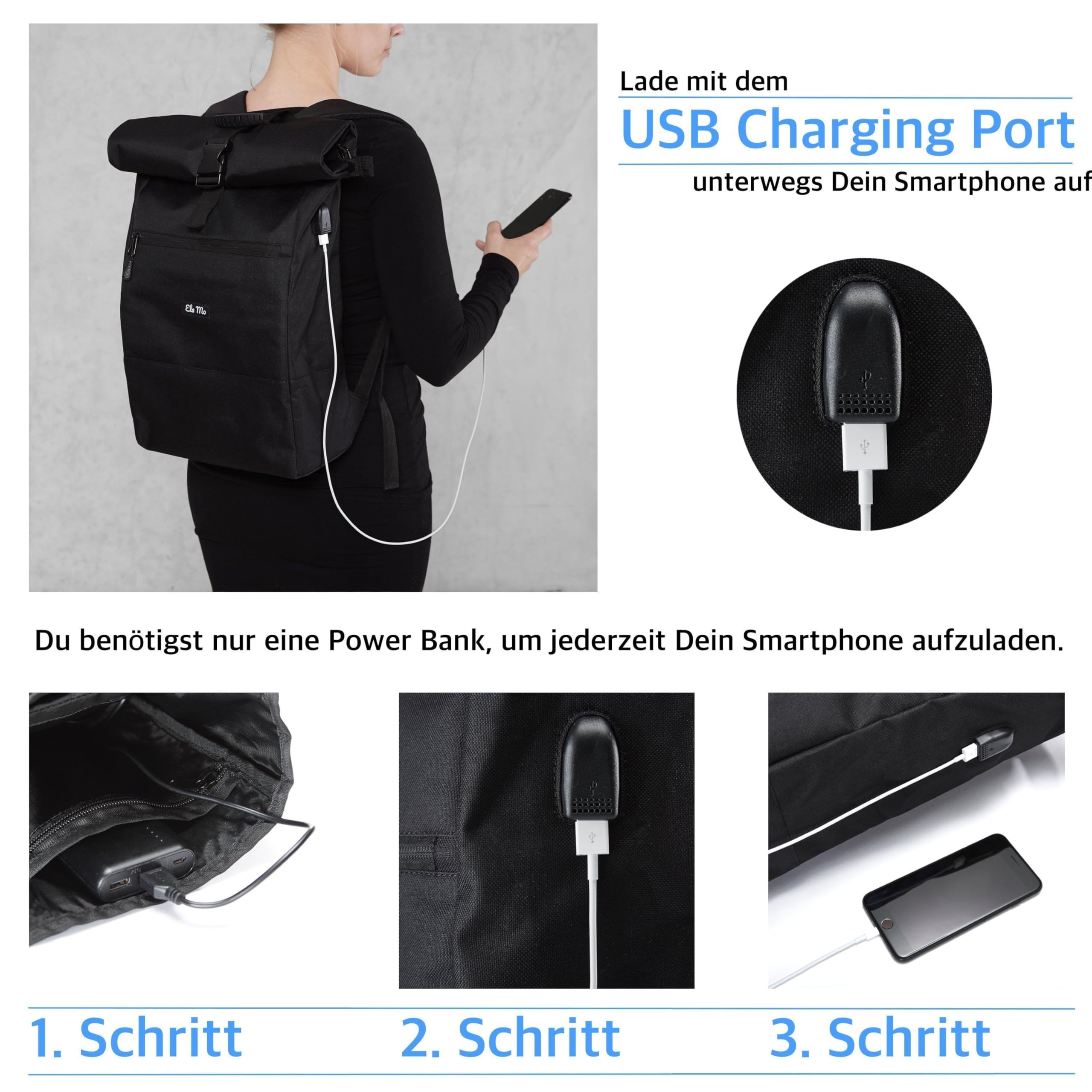 Ela Mo® Rolltop Rucksack Damen - Rollrucksack Anti Diebstahl für Sport & Reisen - Laptoprucksack für Schule, Uni, Business - Mit USB Anschluss & kompaktem Flaschenhalter - Upsy Daisy