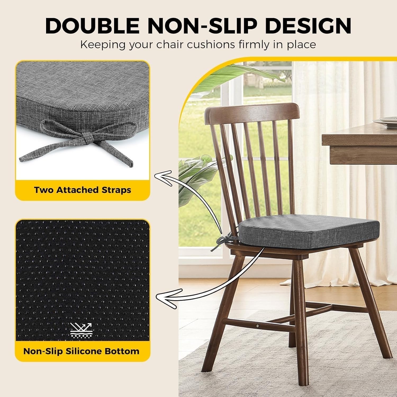 Lot de 2 coussins de chaise antidérapants en forme de U avec attaches confortables et lavables, design demi-rond, pour la maison et le jardin, 40 x 38 x 5 cm, parfaits pour l'intérieur et l'extérieur