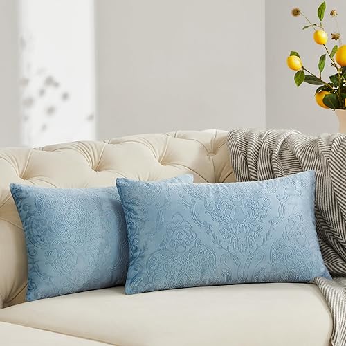 GIGIZAZA Fundas de almohada de terciopelo de 12 x 20 pulgadas, paquete de 2 piezas, almohadas lumbares decorativas color azul piedra con estampado