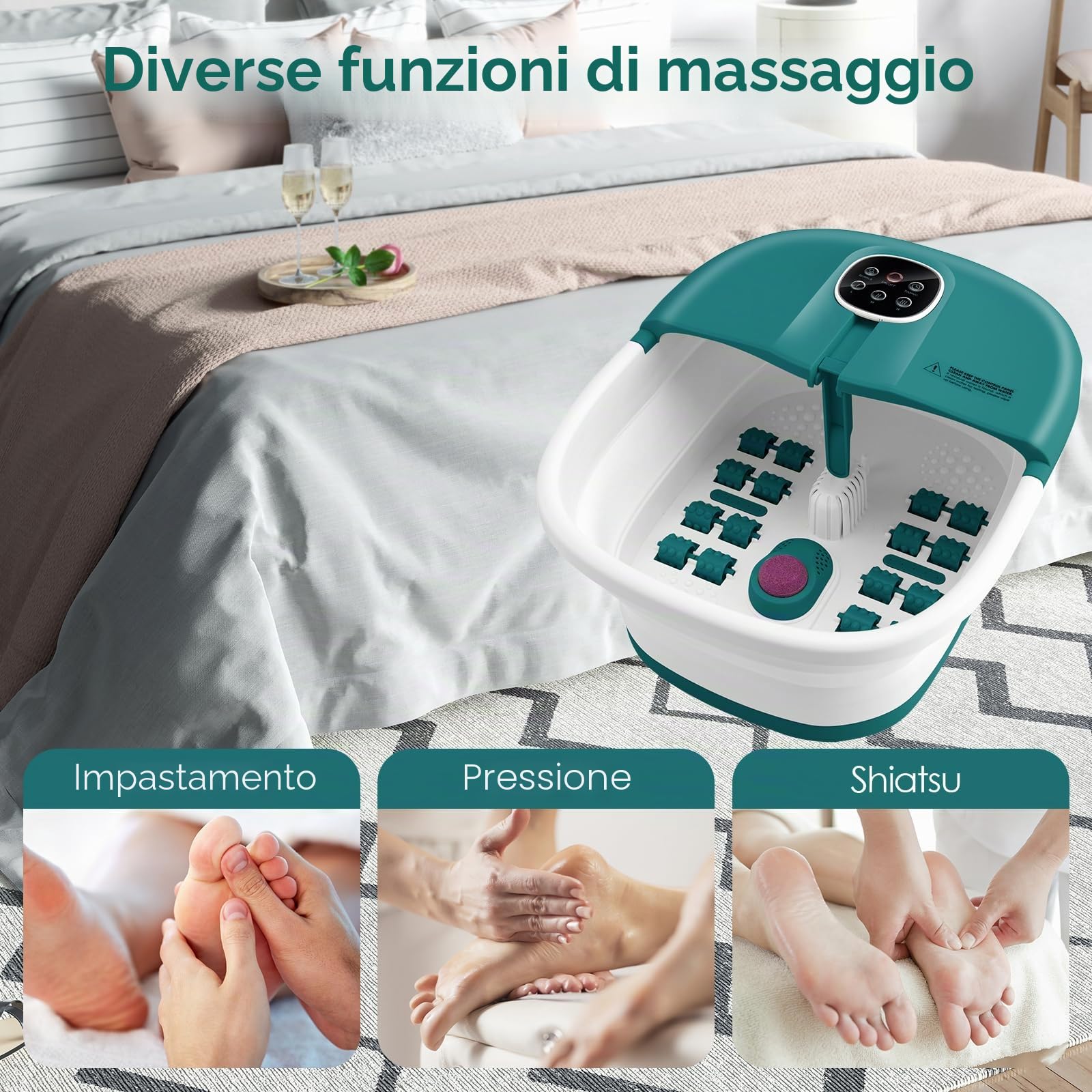 HOMASIS Pediluvio Pieghevole per Piedi con Riscaldamento, Vaschetta Pedicure Estetista con Rulli Massaggianti, Shiatsu Profondo e Bolle Idrodinamiche, Temperatura Regolabili e Timer (Blu scuro)