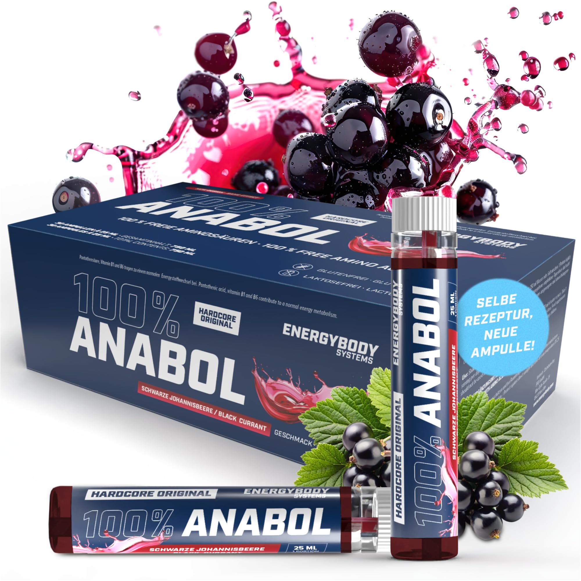 Energybody® 100% Anabol Aminosäuren Komplex hochdosiert flüssig - 30x25ml Ampullen - Amino Liquid mit 19 essentiellen EAAs, BCAAs & Vitaminen - Schwarze Johannisbeere