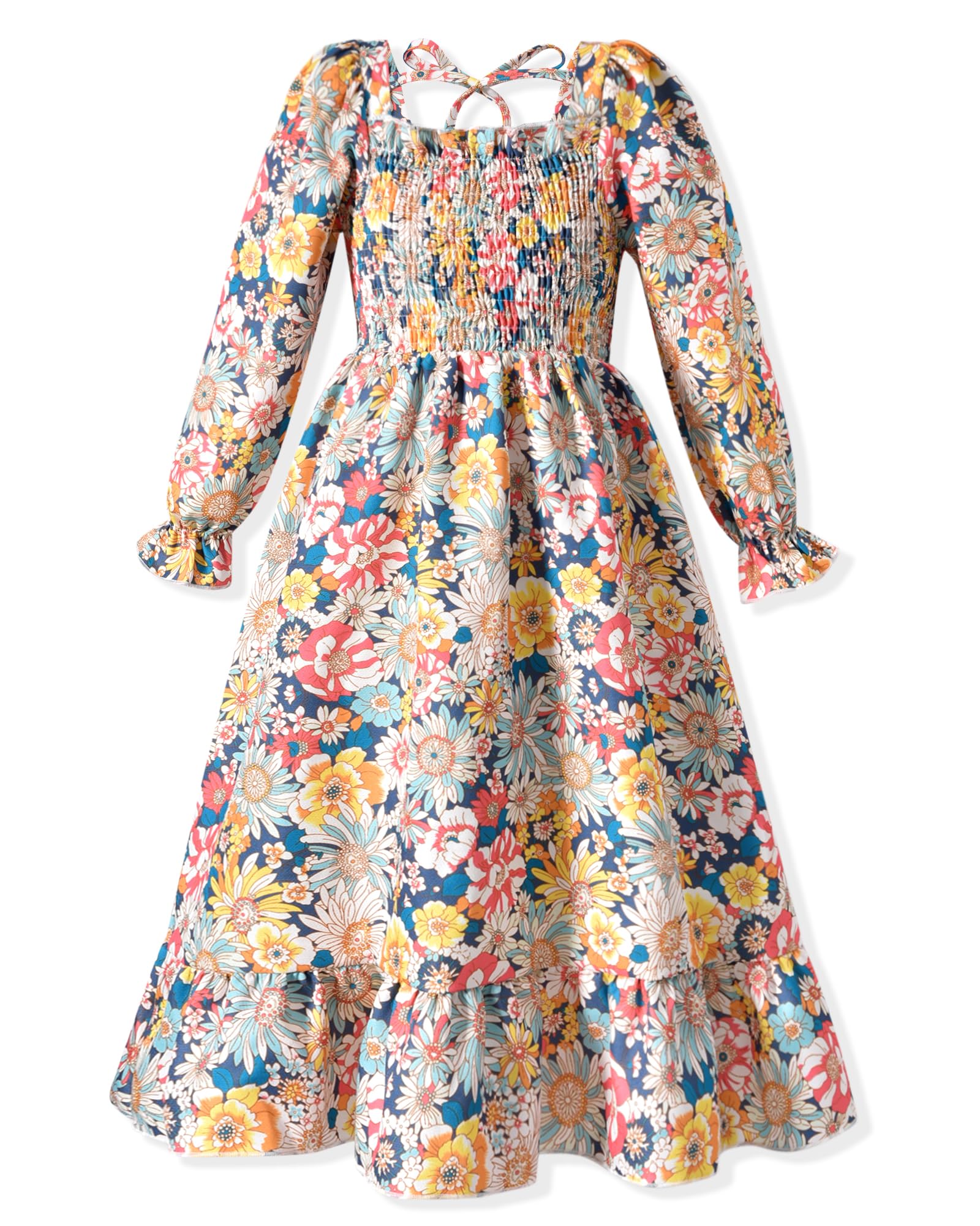 HINTINA Toddler Little Girl Ruffle Long Sleeve Smocked Dresses Fall Winter Clothes