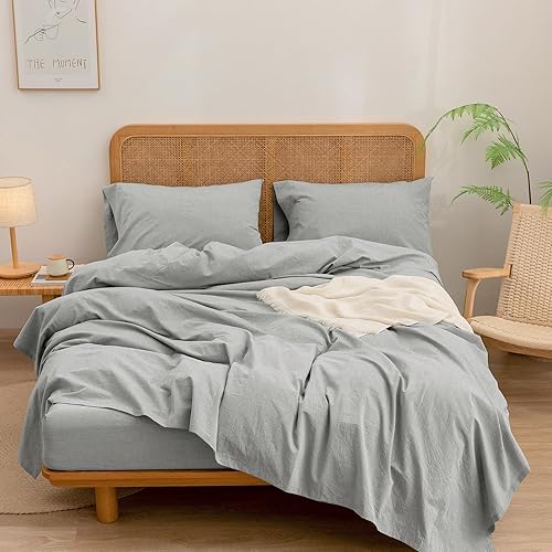 Miniatura 3 de BESTOUCH Juego de sábanas 100% algodón lavado, tacto súper suave, cómodo, elegante, ligero, juego de ropa de cama de 4 piezas, color gris claro,