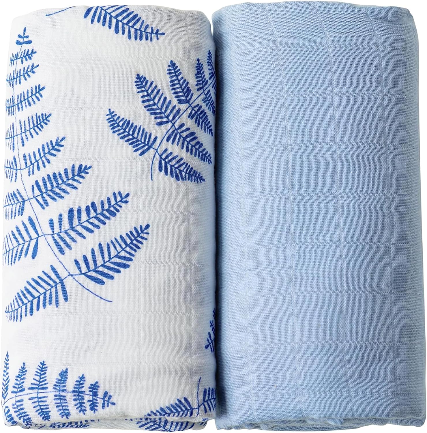 Margaux & May Organic Muslin Baby Swaddle – 100% Organic Cotton, Large 47” x 47” Newborn Swaddle, Soft & Breathable Muslin Swaddle Blanket, Blue Fern and Classic Blue