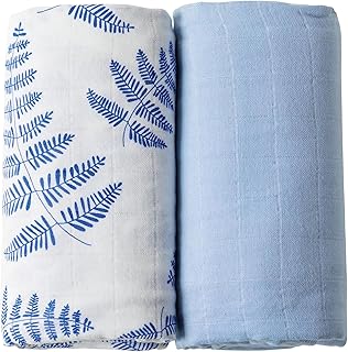 Margaux & May Organic Muslin Baby Swaddle – 100% Organic Cotton, Large 47” x 47” Newborn Swaddle, Soft & Breathable Muslin Swaddle Blanket, Blue Fern and Classic Blue