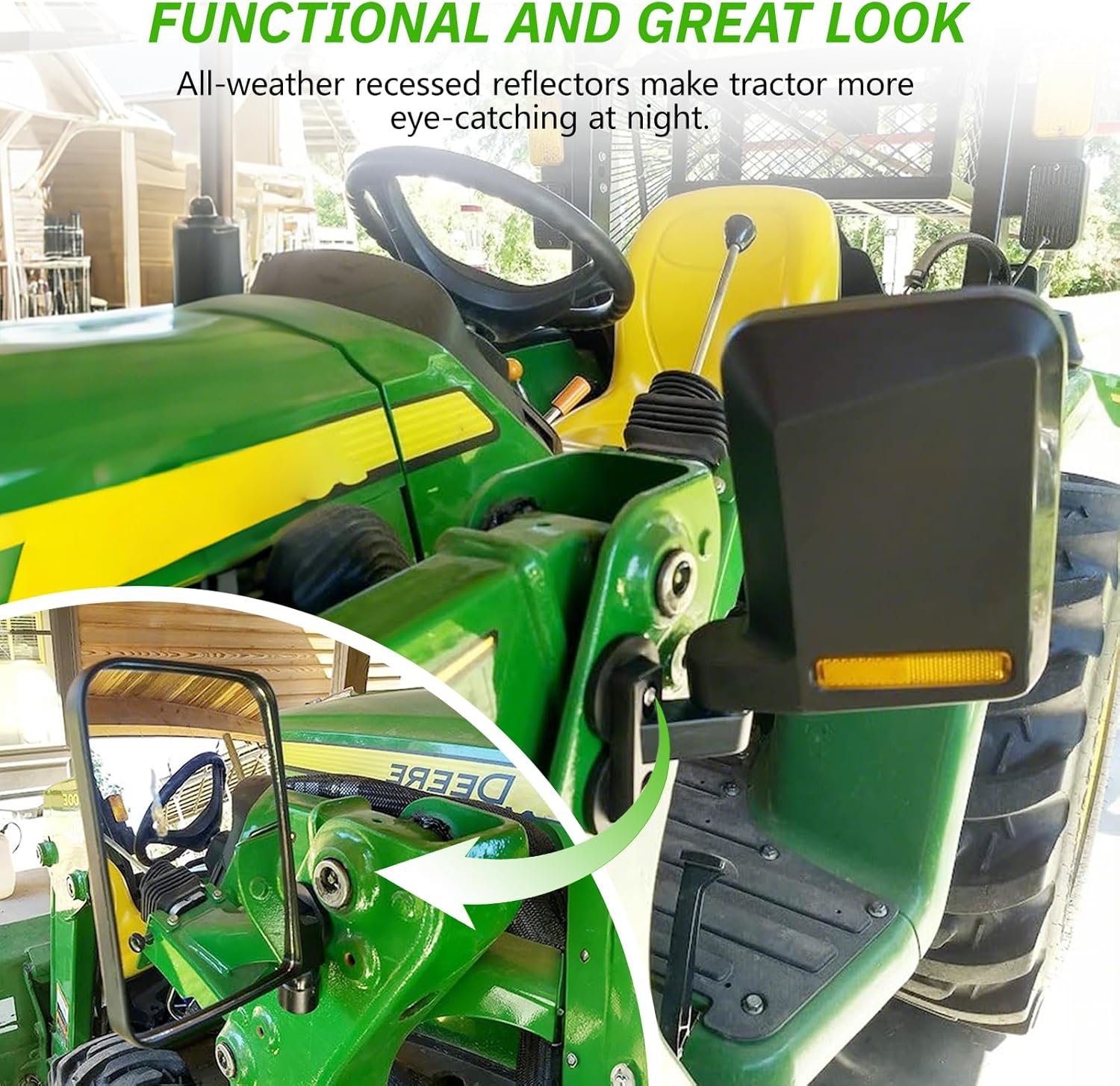 Tractor Mirrors Updated with Recessed Reflectors, Strong Magnetic Mirrors for Tractor, Forklifts, Compatible with John Deere, Kubota B BX Mahindra, 2pcs (left and right)