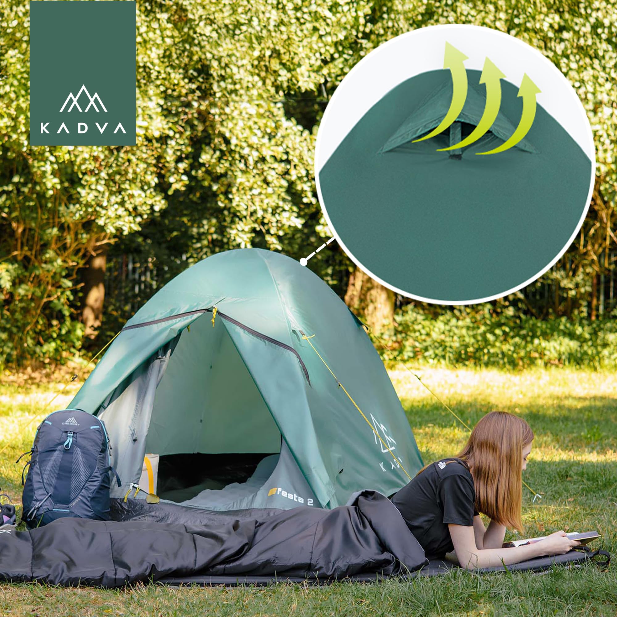 KADVA Tenda da campeggio Festa 2 Tenda 200 x 120 x 105 cm per 2 persone con zanzariera, impermeabile, struttura in fibra di vetro leggera e robusta, ideale per il campeggio e le escursioni