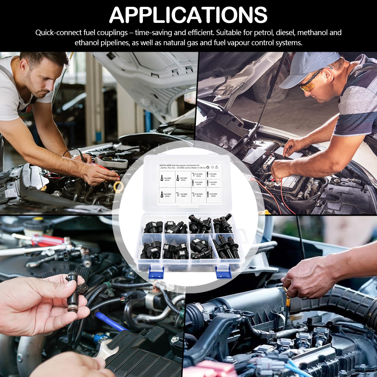 Set di 36 connettori rapidi per tubo carburante, SAE 9,89/9,49/7,89/6,3 mm, connettori ad angolo retto, ID3/6/8 mm ABS, kit di riparazione per auto, moto, barca, carburante, diesel
