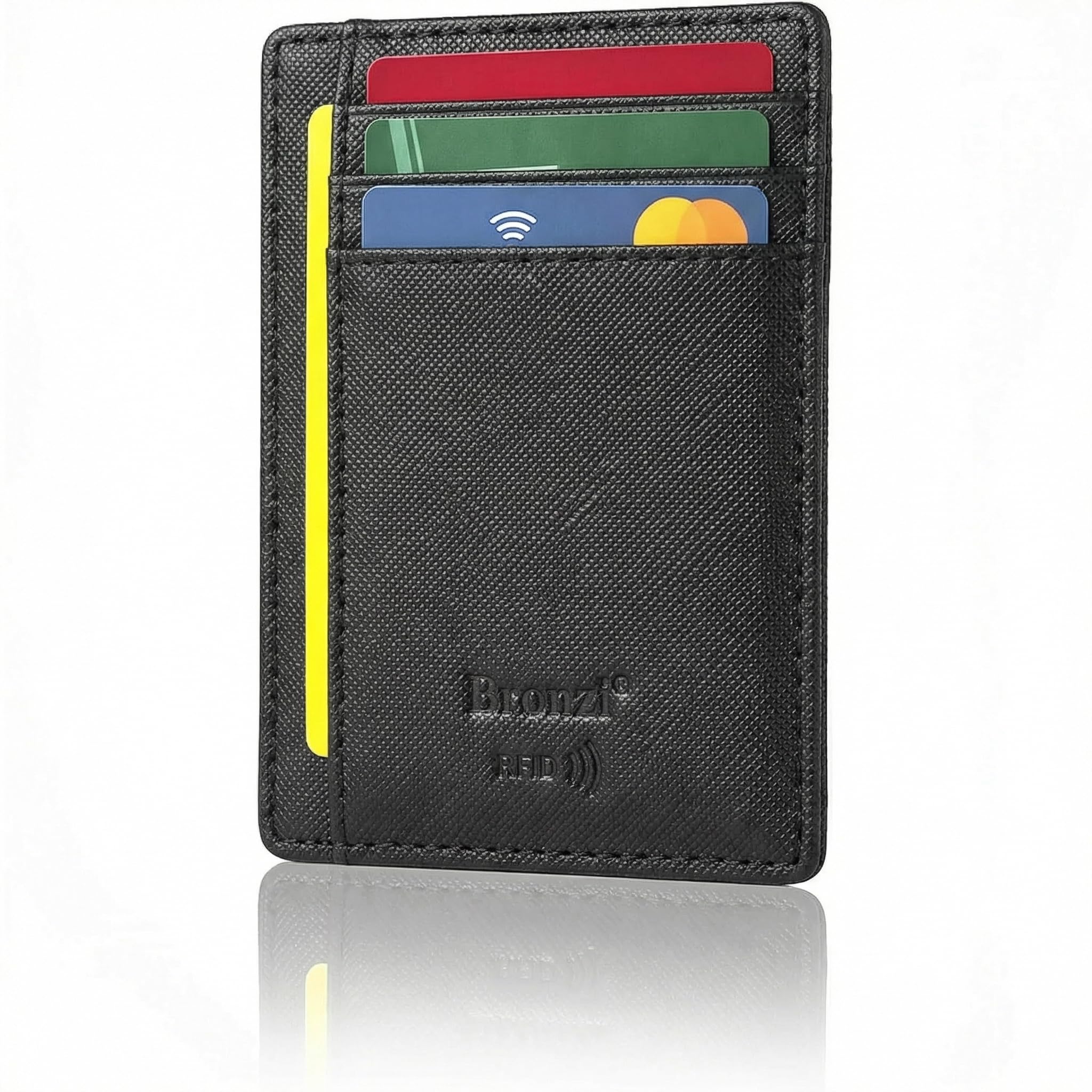 Bronzi Portafoglio Portafoglio Uomo Donna Piccolo Sottile Slim Elegante - Blocco RFID - Nero Pelle Alta Qualità - Mini Porta Tessere Porta Documenti Porta Carte Di Credito - Saffiano Nero