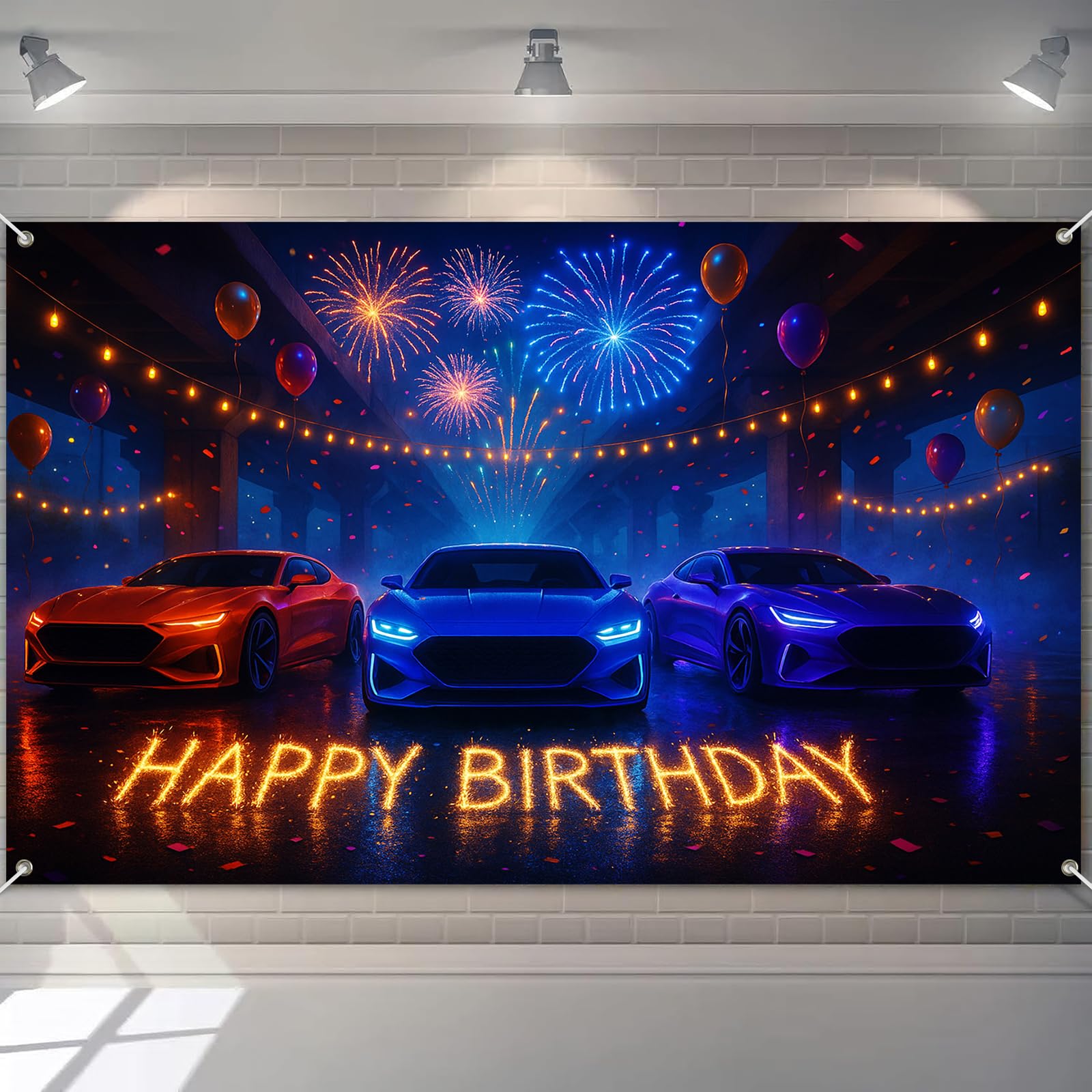 Race Car Happy Birthday Banner 71x43 Inch Cars Birthday Decorations for Boys Room Race Car Backdrop Neon Party Wall Decor Cars Scene Poster Outdoor Lawn Flag Decor