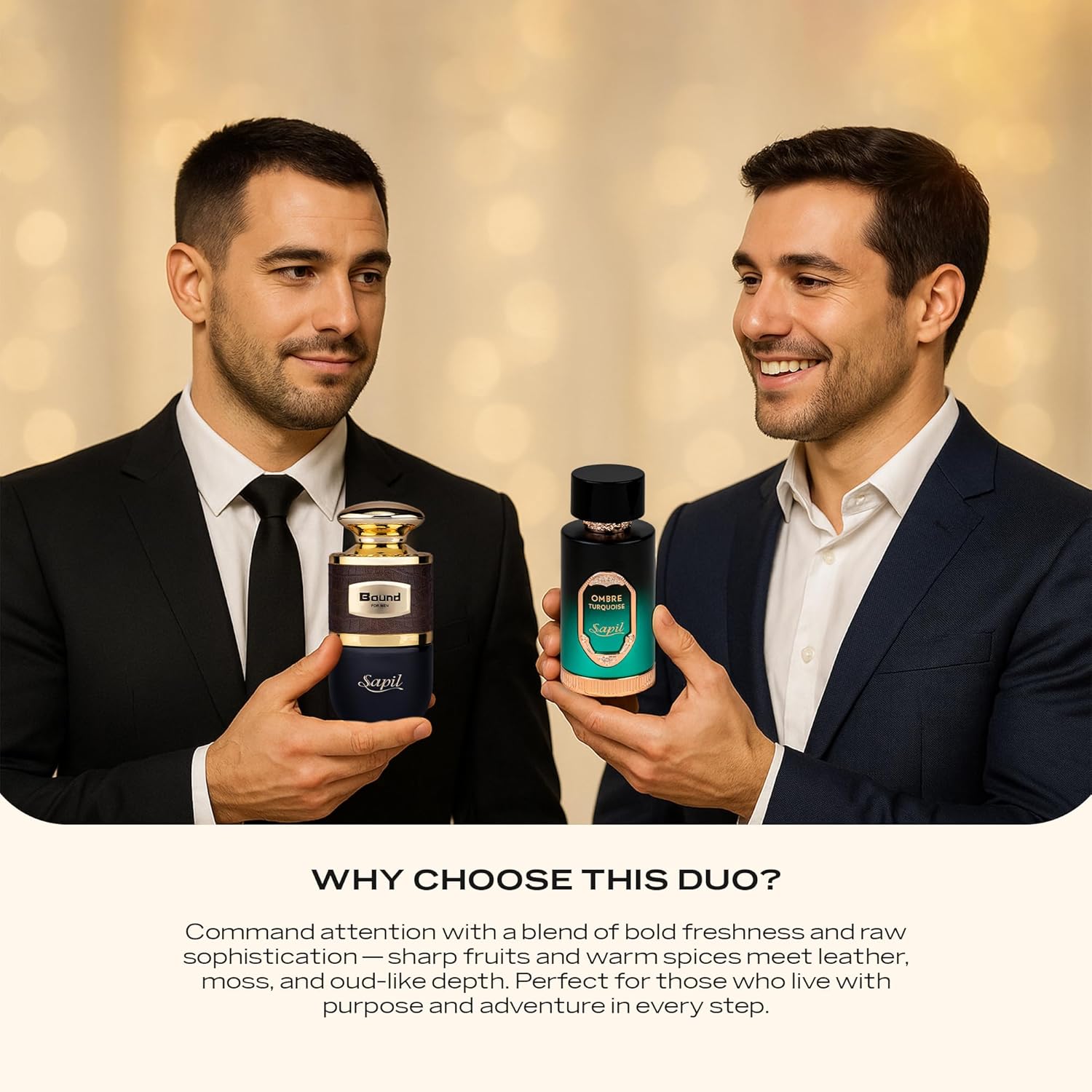 Sapil Ombre Turquoise & Bound Fragrance Set - 3.38 oz + 3.4 oz Unisex Eau De Parfum/Toilette - Long-Lasting Arabic/Dubai Scents, Spicy Cardamom/Moss, Oriental Citrus Woody - Luxury Gift Duo - Image 6