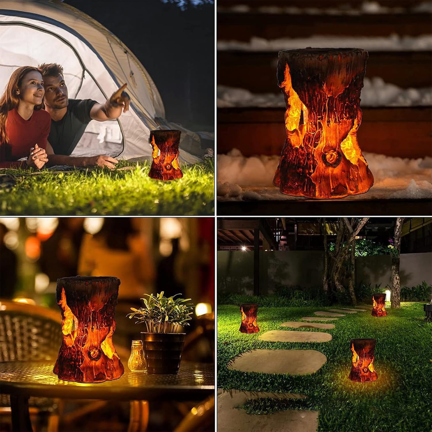 Solar Lights Outdoor, Simulated Stump Flickering Flame Lantern, Halloween Decorative Fake Fire Candles Lamp, Waterproof Landscape Light Path Light for Garden Patio Pathway Yard Decor (Stump)