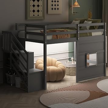 VilroCaz Playful Design Twin Size Loft Bed with Storage Staircase and Window for Kids Teens Boys Girls, Solid Wood Low Loft Bed Frame with Safety Guard Rails, Space-Saving Grey-C9