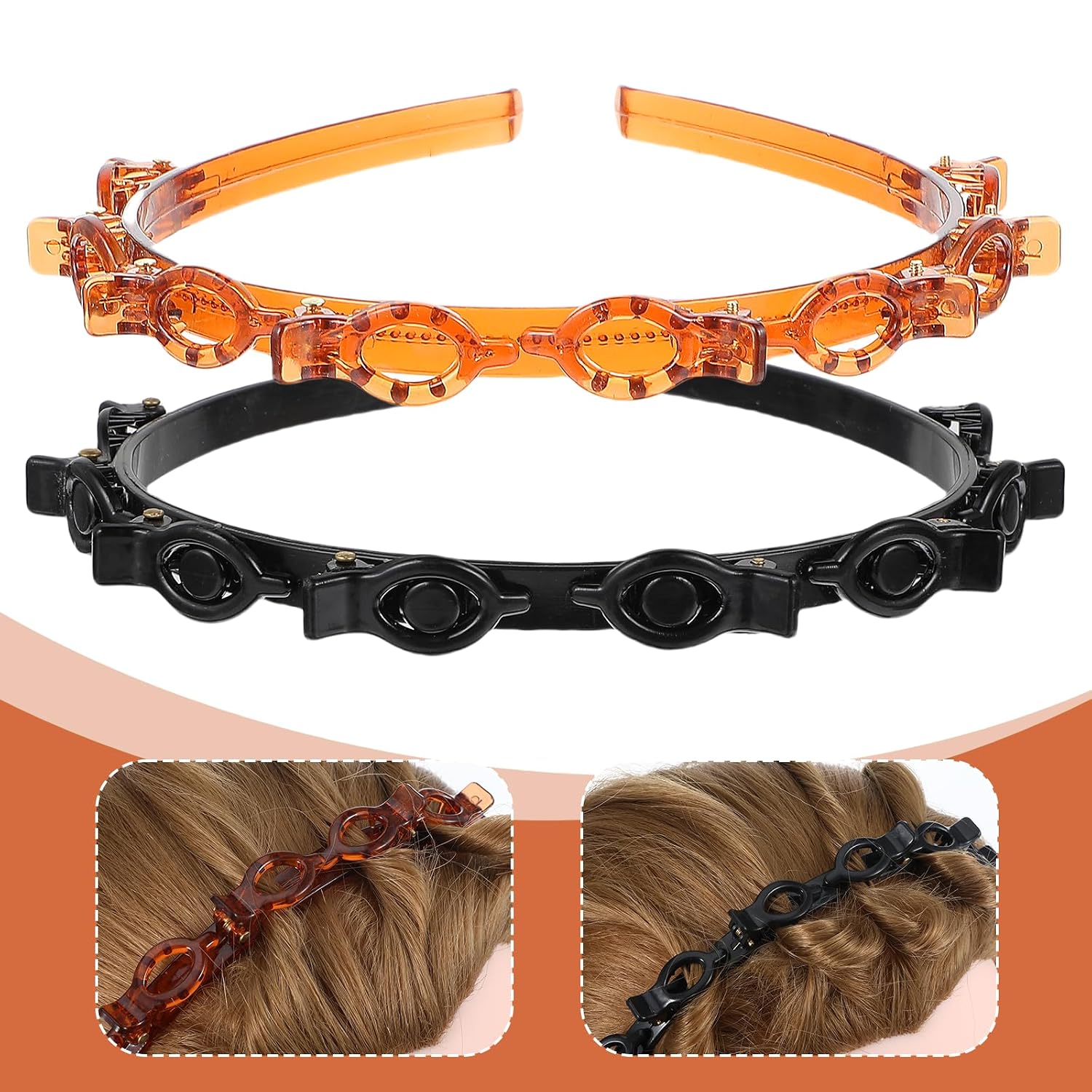 2 PCS Headband with Clips, Bangs Hairstyle Butterfly Clip Headband, Professional Weave Bangs Clip, Double Layer Toothed Hairband Braid Tool for Women Girls Hair Styling Accessories (Black & Brown) image 3