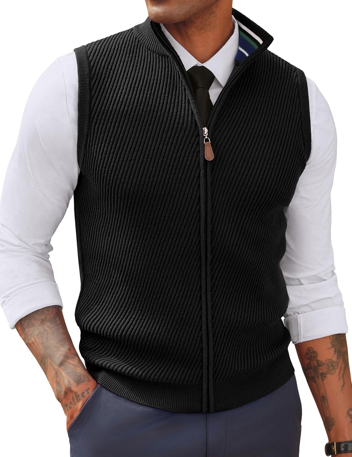 PJ PAUL JONES Men's Sweater Vests Slim Fit Twill Textured Full Zip Sleeveless Vests Casual Outwear