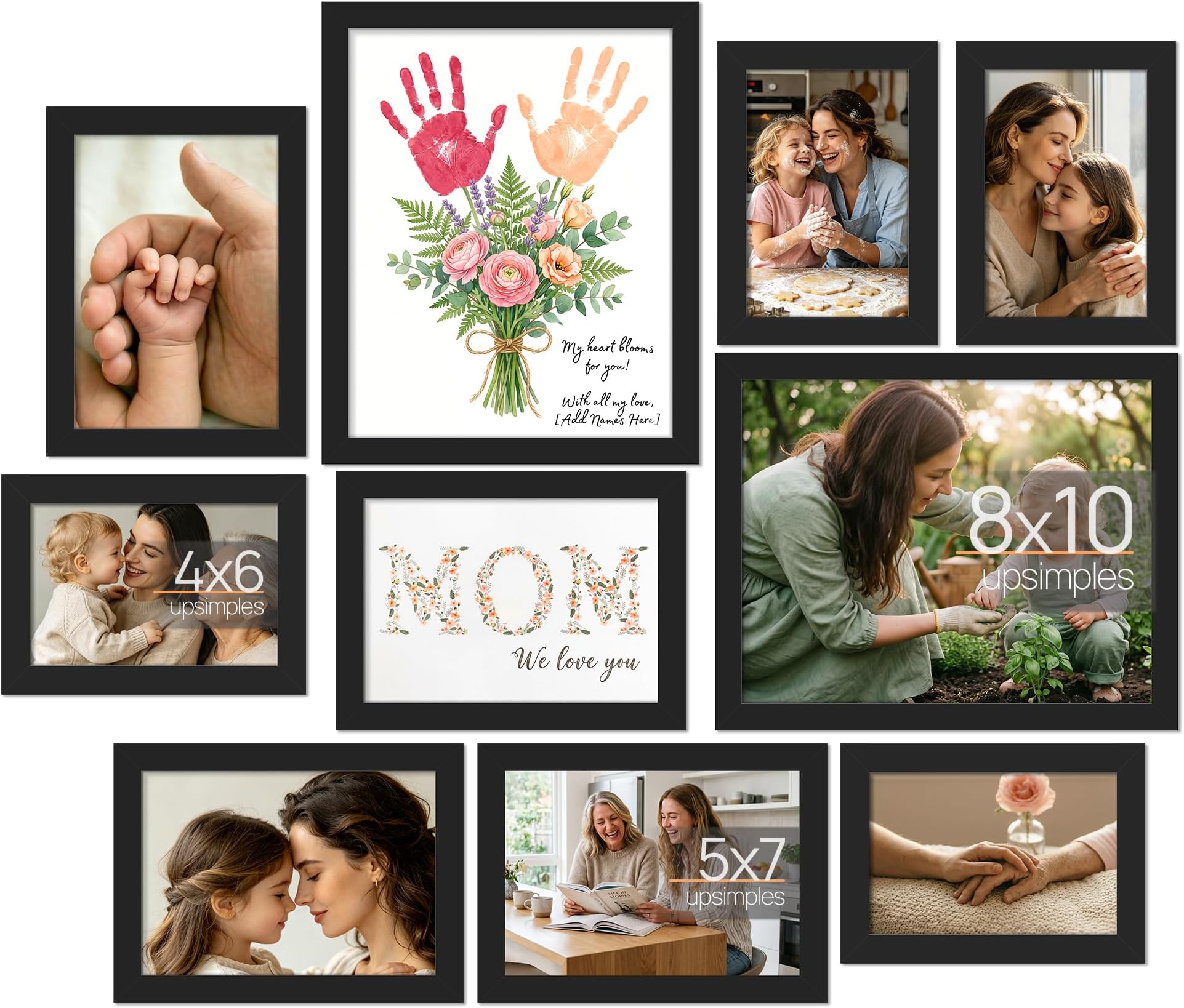 upsimples 10 Pack Picture Frames Collage Wall Decor for Mounting or Tabletop Display, Photo Gallery Frame Set for Family, Multi Sizes Including 8x10, 5x7, 4x6, Black