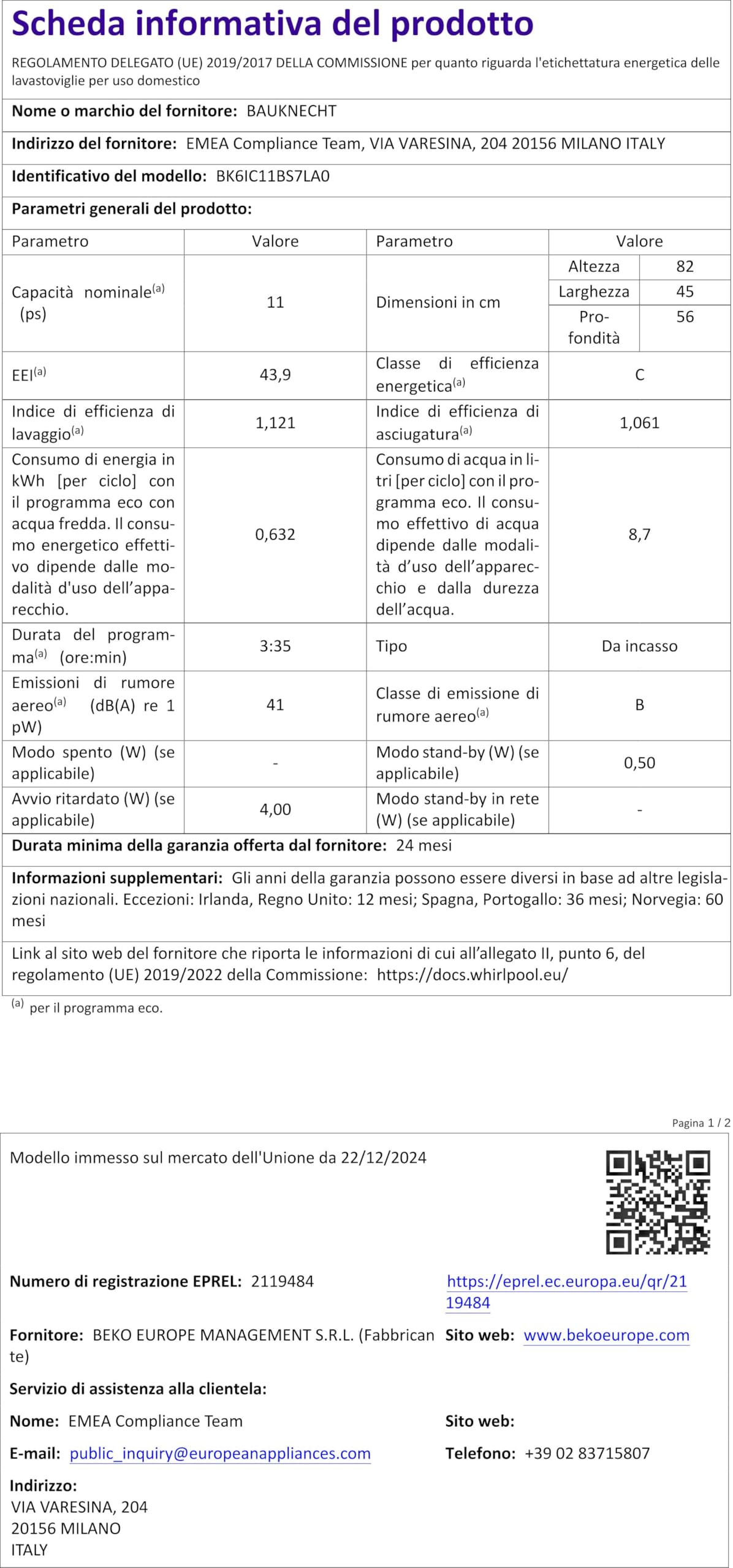 Bauknecht BK6IC11BS7LA0 Vollintegrierbarer Geschirrspüler 45 cm ActiveDry Sensorprogramm PowerClean Besteckschublade Hygiene-Programm Vollwasserschutz Light on floor Startzeitvorwahl