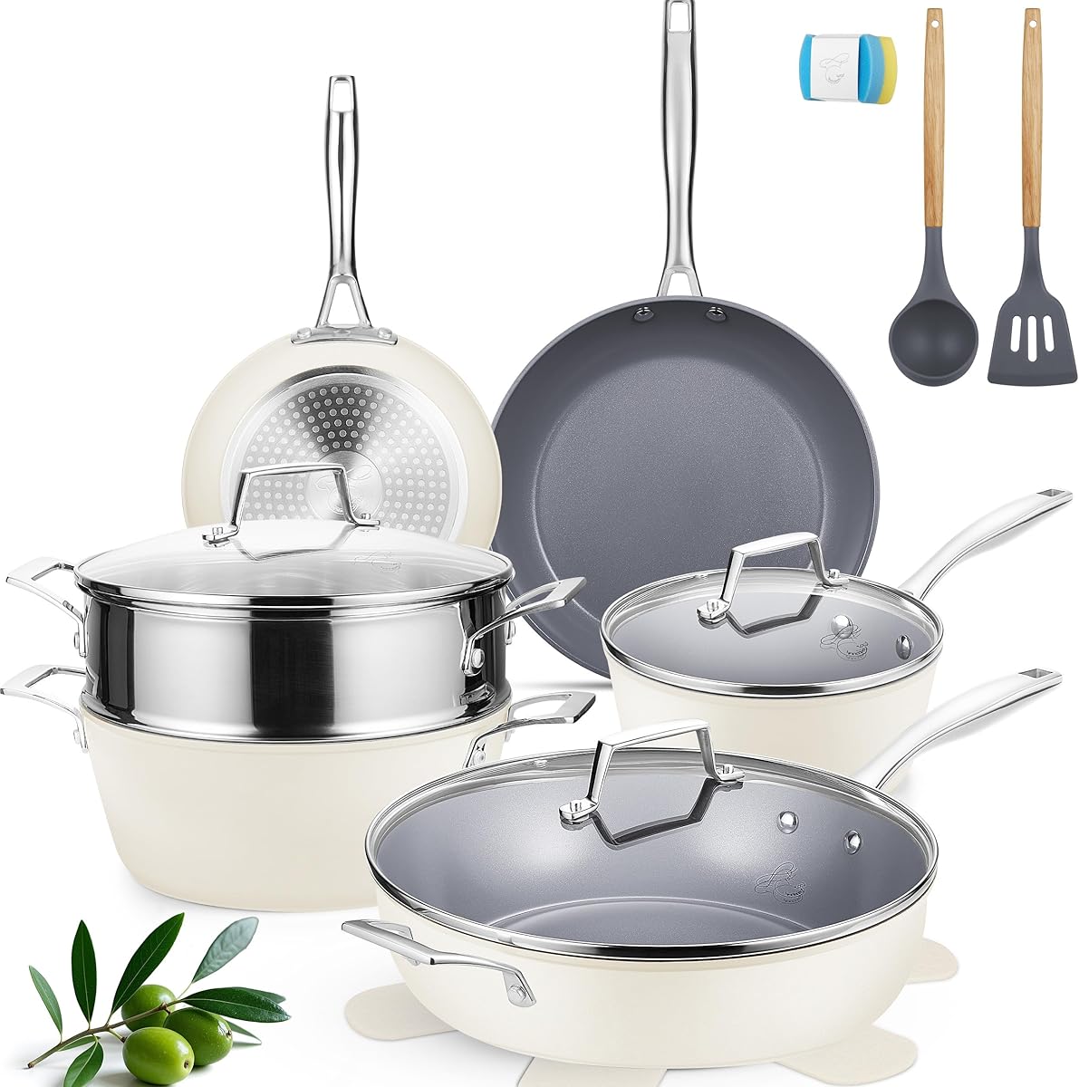 PekGema Ceramic Pots and Pans Set, 16 Pcs Cookware Set Nonstick, Non Toxic, Oven Safe, Induction Cookware, Cooking Set with Steamer, PPG Ceramic PFAS PTFE PFOA FREE, White