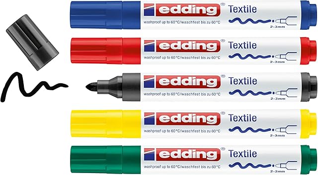 edding 4500 textile marker - black, red, blue, green, yellow - 5 pc. - round nib 2-3 mm - permanent fabric markers for drawing on textiles, wash-resistant up to 60°C - marker pens for fabric lettering