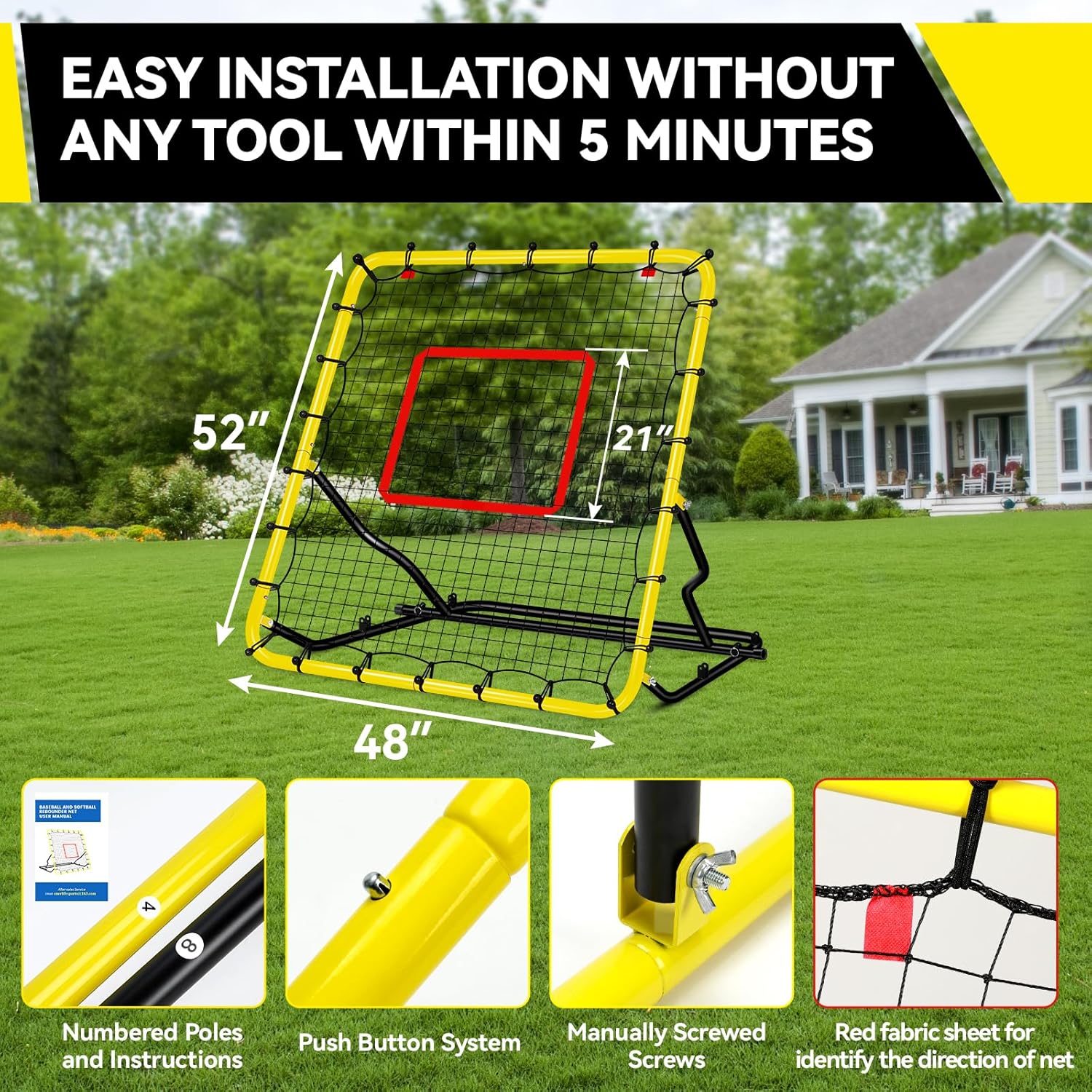 48x52inch Baseball Rebounder Anti-UV 3 Adjustable Angles Fielding Trainer, Volleyball Softball Football Rugby Baseball Bounce Back Net Stable Easy Storage Pitch Back Rebound Net with 4 Stakes
