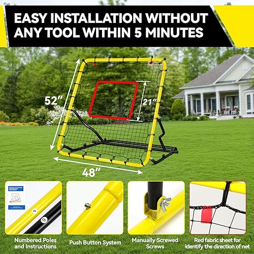 Miniatura 8 de Red de rebote de béisbol de 48 x 52 pulgadas con 3 ángulos ajustables, anti-UV, fácil almacenamiento, entrenador de campo de béisbol con 4 estacas,