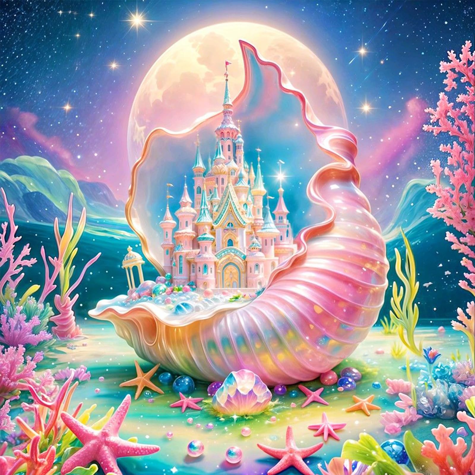GEEHEIY Fantasy Castle Diamond Art Kits for Adults, 5D Full Drill Diamond Painting Kit, Mermaid Seashell Castle Underwater Fairytale DIY Crystal Gem Art for Beginners, Home Wall Decor Gift 35 x 35cm