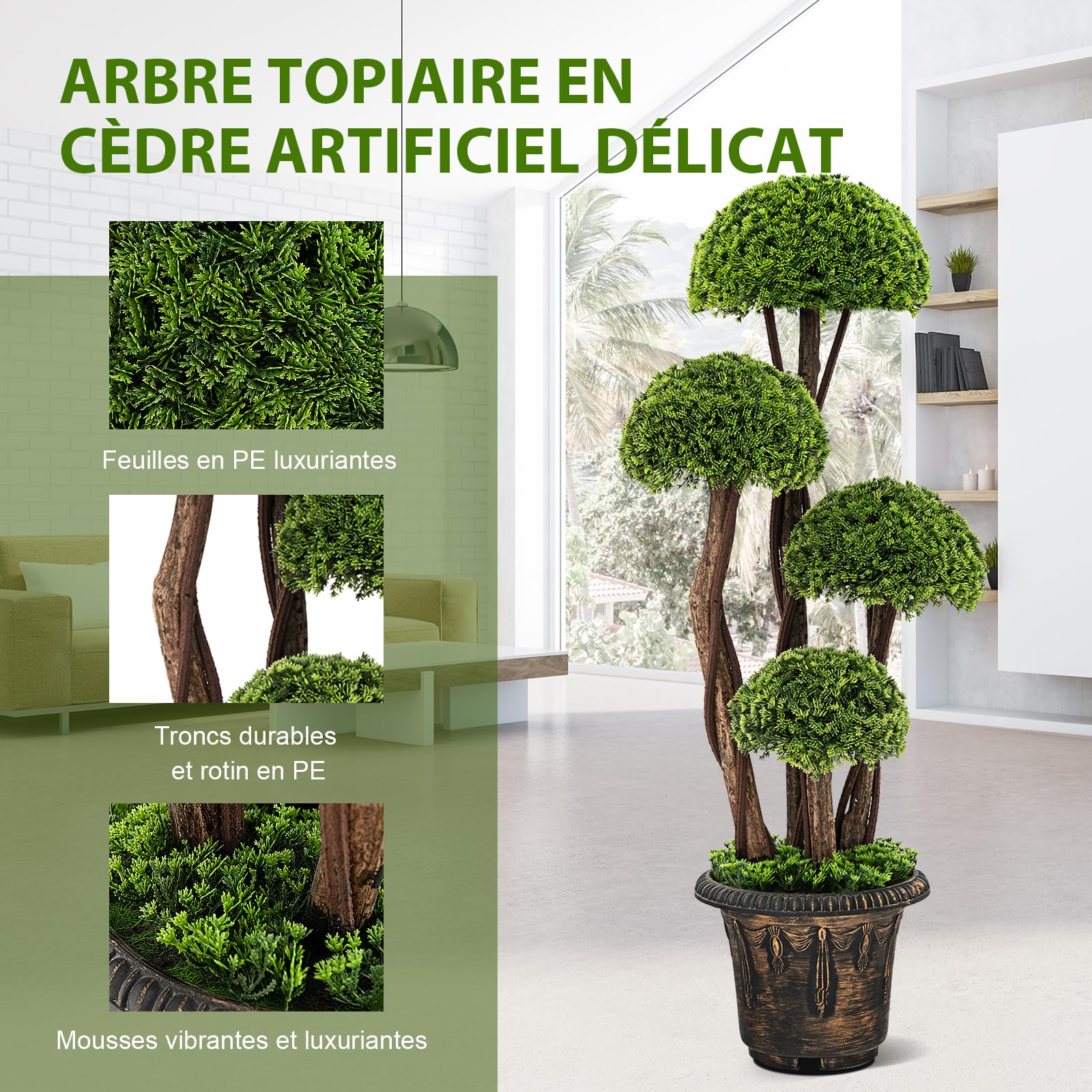 COSTWAY Arbre Artificiel en Cèdre 90 cm avec 4 Boules de Cèdre, Faux Cyprès Topiaire avec Tronc en Rotin Pot Rempli de Ciment, pour Décoration de Maison Bureau Jardin Balcon