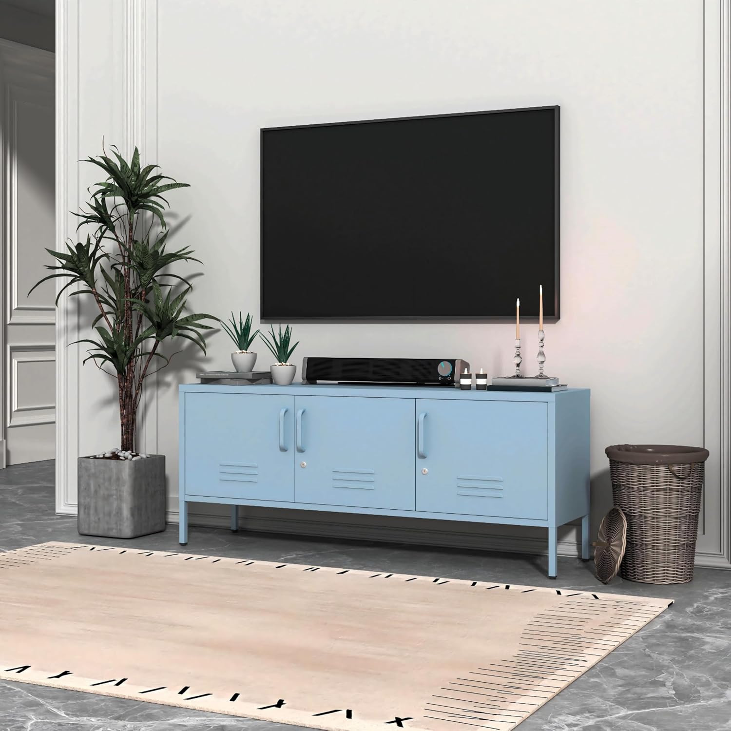 Metal Storage Cabinet Adjustable Shelves TV Cabinet 22" H Blue Bedroom Storage Unit Metal Three-Door Storage Cabinet Unit for Living Room Easy Assembly Size： 13.77" D x 47.3" W x 21.7" H