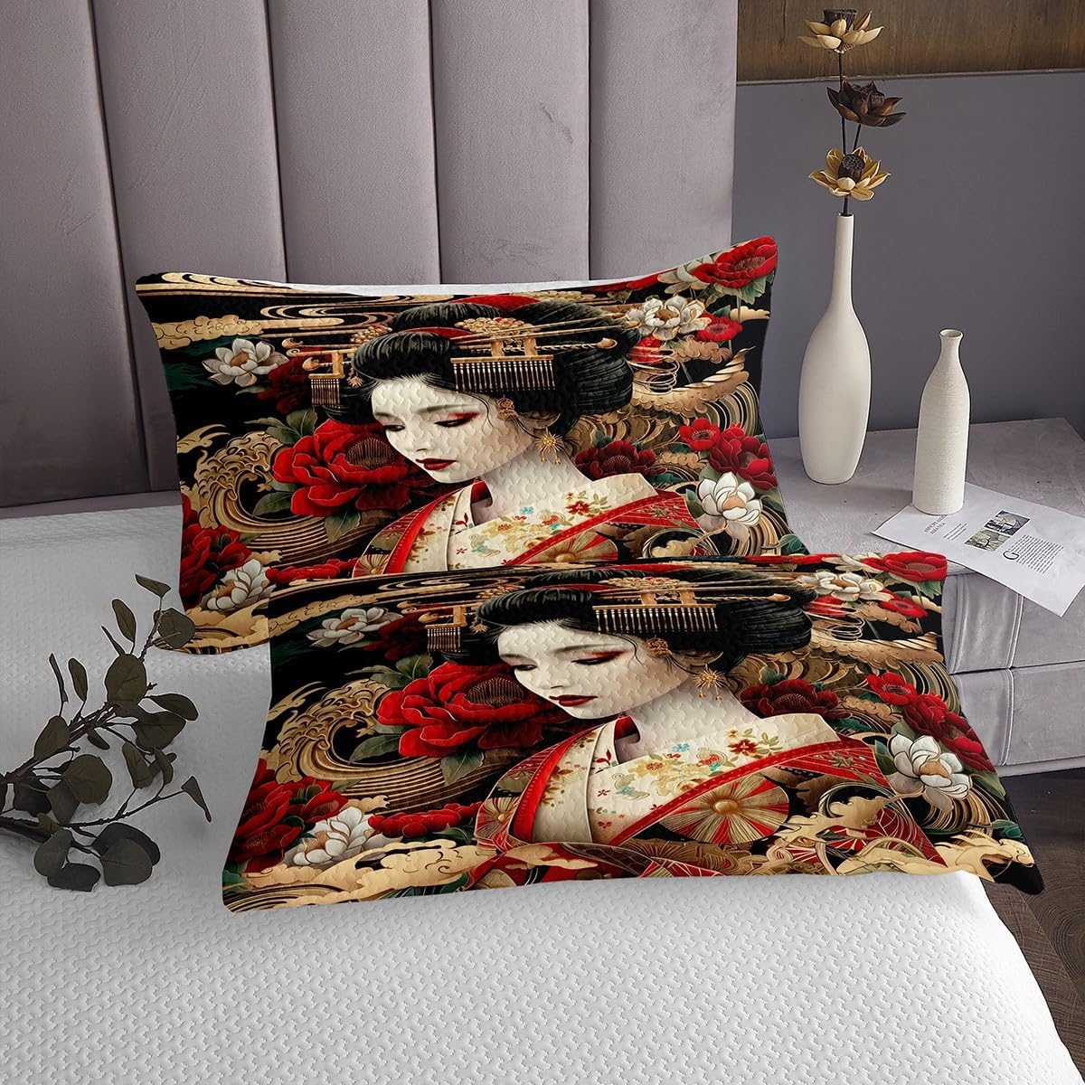 Erosebridal Japanese Geishas Quilt Sets Kyoto Japan Bedspread Set Queen Size for Kids Teen Women,Red Luxurious Kimono Coverlet Sets Red White Flowers Bed Set 2 Pillow Cases