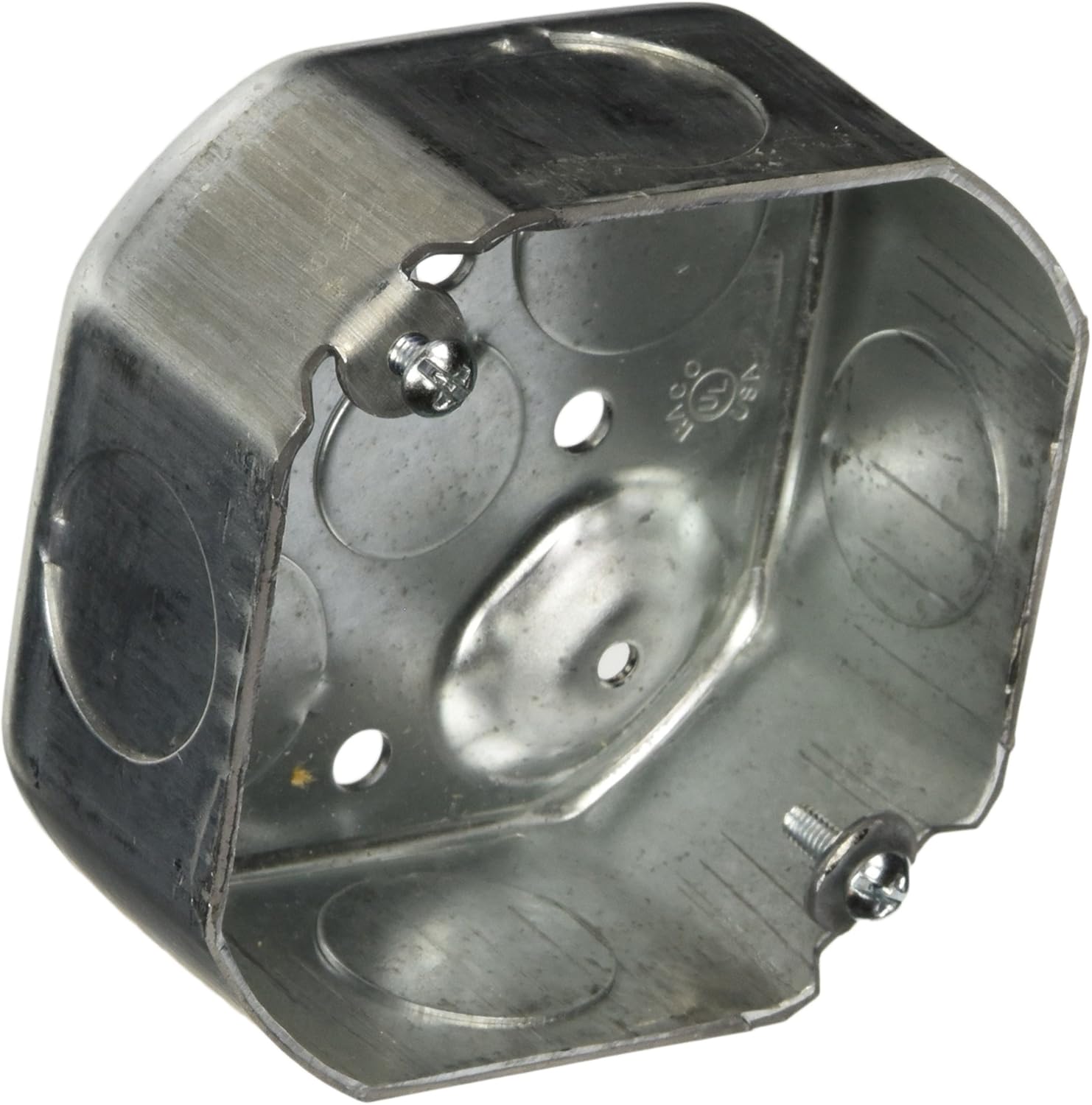 Hubbell Raco 4 in. Octagon Box, Drawn, 1-1/2 in. Deep, Two 1/2 & Six 3/4 in. KO's, Raised Ground, Gray, (126)