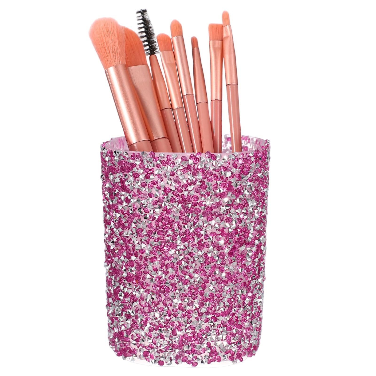 sourcing map Crystal Makeup Brush Holder Storage Box Round Pencil Case, 7.4 x 7.4 x 9.7 cm Multifunctional Rhinestone Pen Holder Nail Art Tool Holder for Home Office Studio, Rose Red