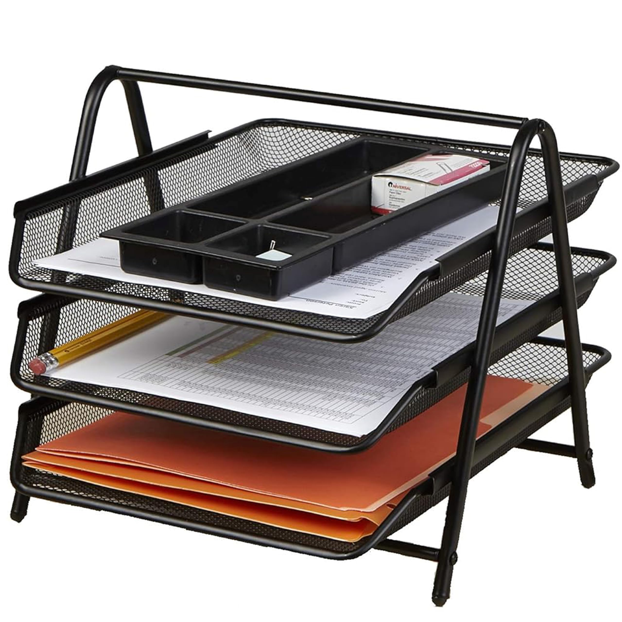 Handcuffs Office Desk Organizer File Organizer Rectangular Storage Rack With 3 Sliding Mesh Paper Trays For Letters Documents & Files (Black)