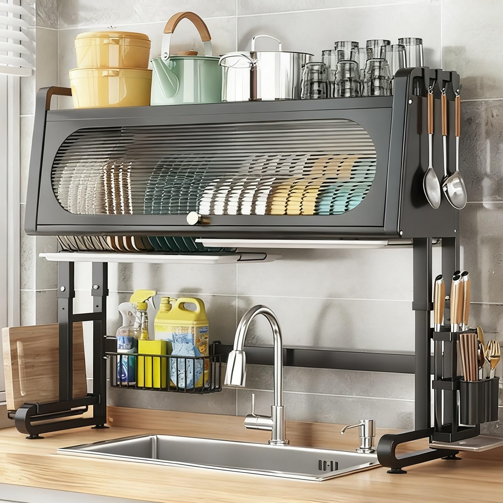 Escurridor de platos de metal de 2 niveles para fregadero de cocina, estante de almacenamiento para puerta de armario (negro, 77 cm) – Esenciales de cocina que ahorran espacio.