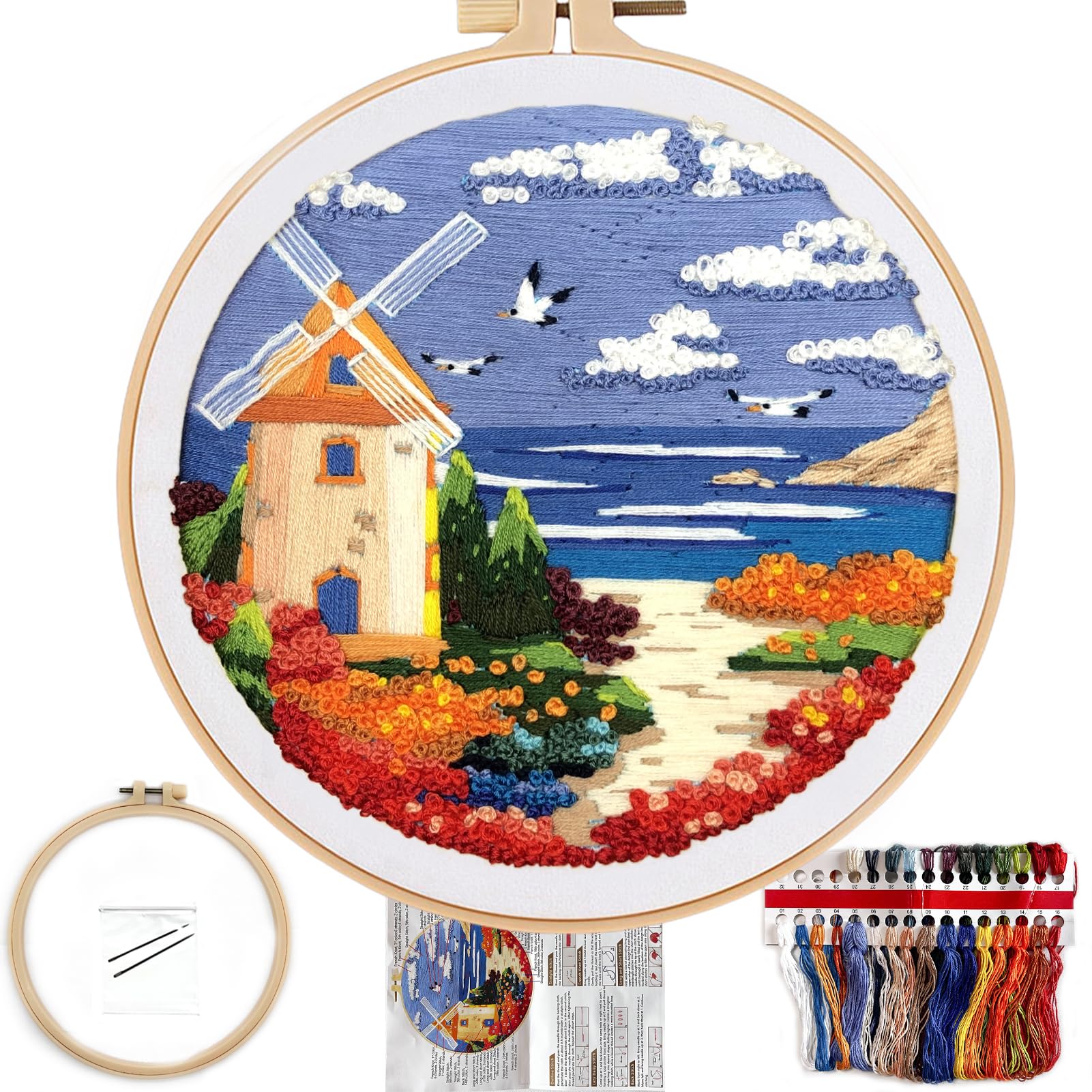FONNUY Embroidery Kit for Beginners, Boho Nature Landscape Pre-Stamped Pattern Kits for Adults with Hoop, Easy to Follow Color Thread Needlework, 8'' Hoop (Beach House)