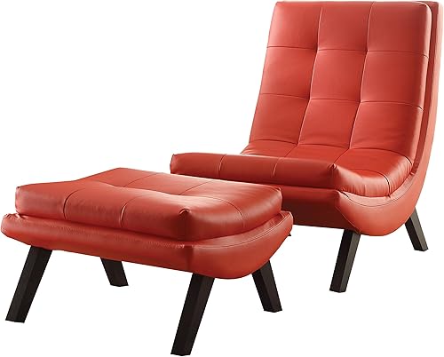 OSP Home Furnishings Tustin - Juego de sillón y otomano de piel sintética con patas de madera maciza, color rojo
