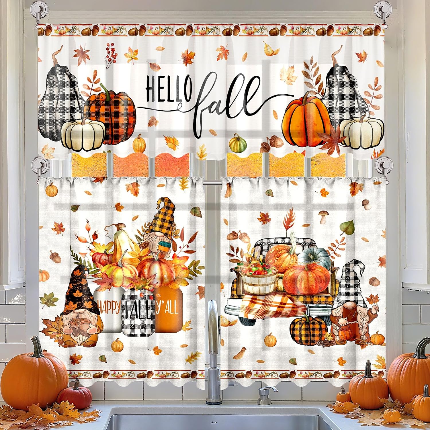Breling 3 Pcs Fall Thanksgiving Buffalo Plaid Pumpkin Curtains Valances and Tiers Set for Windows Pumpkins Maple Leaf Kitchen Decor Short Curtain Set for Bedroom Treatment Decor Party Favor Supplies