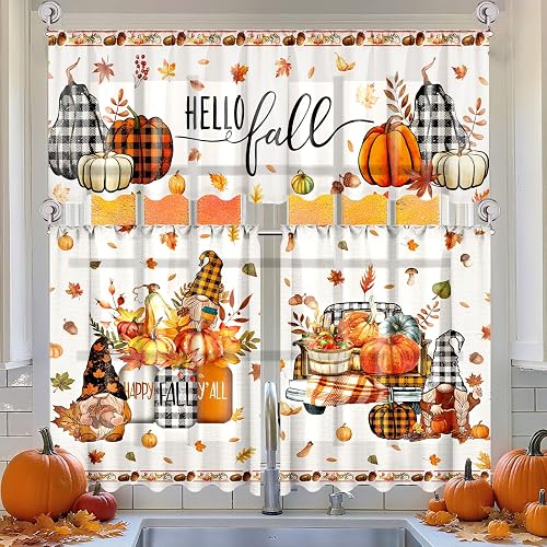 Breling 3 Pcs Fall Thanksgiving Buffalo Plaid Pumpkin Curtains Valances