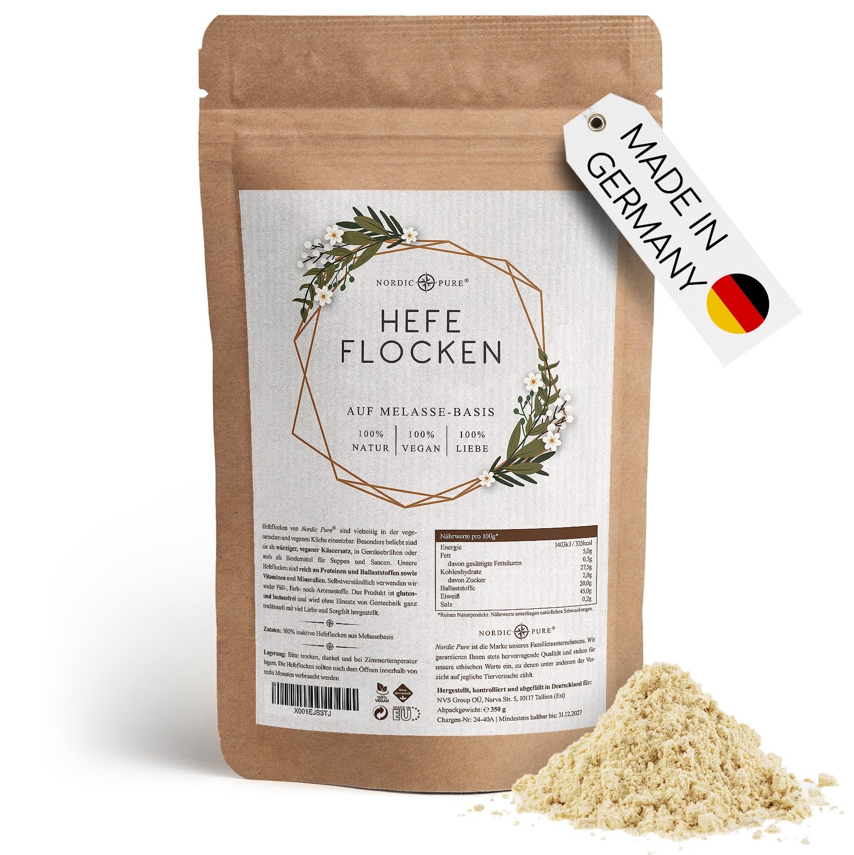Hefeflocken von Nordic Pure | Nährhefe vegan und glutenfrei | Geeignet zum Kochen und als Alternative für Käse | 350g höchste Qualität auf Melasse Basis