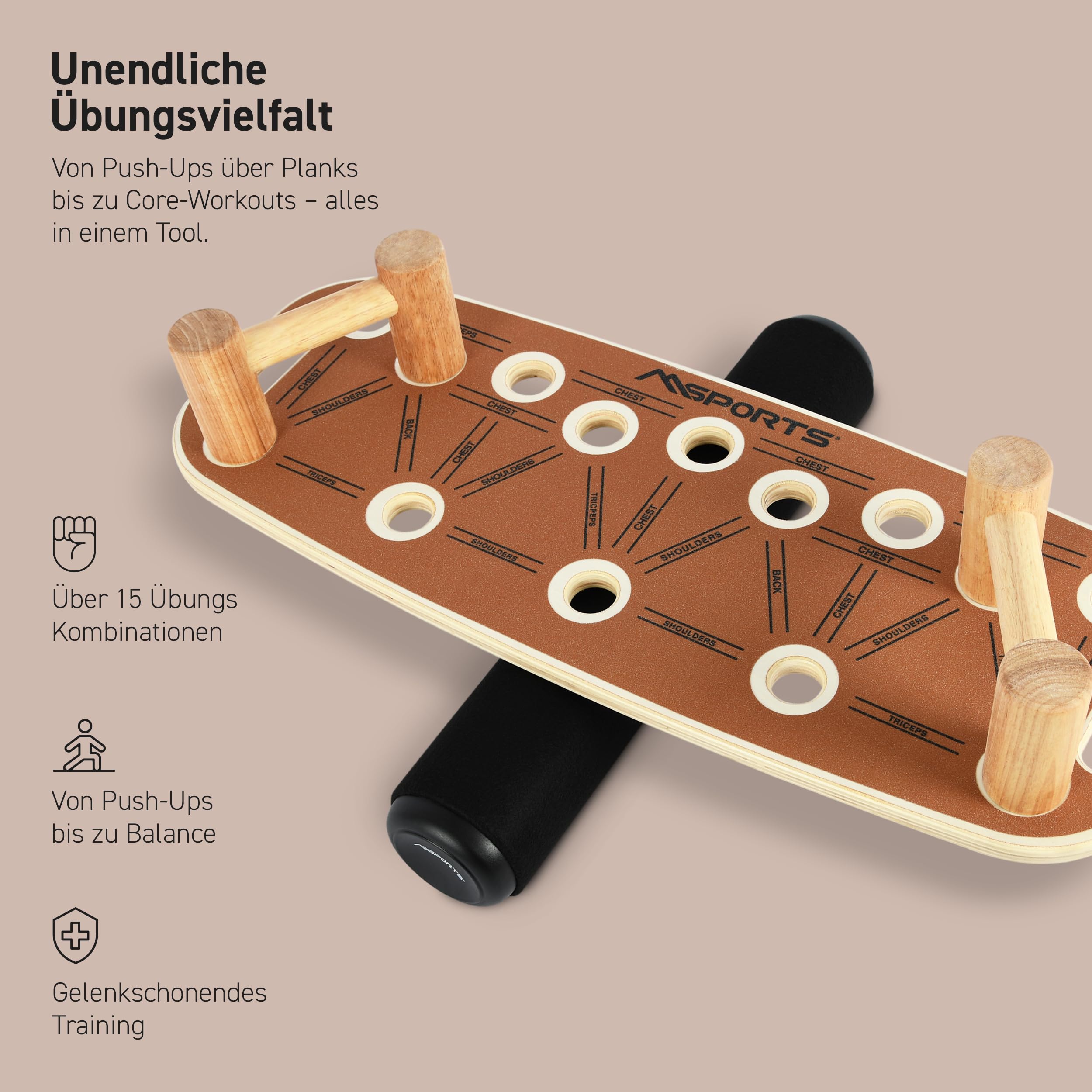 MSPORTS Push-Up Board Holz Premium mit Rolle – Multifunktionales Liegestützbrett für Core, Balance & Krafttraining – 15 Griffpositionen, massive Griffe, Anti-Rutsch, Home Gym Fitnessgerät